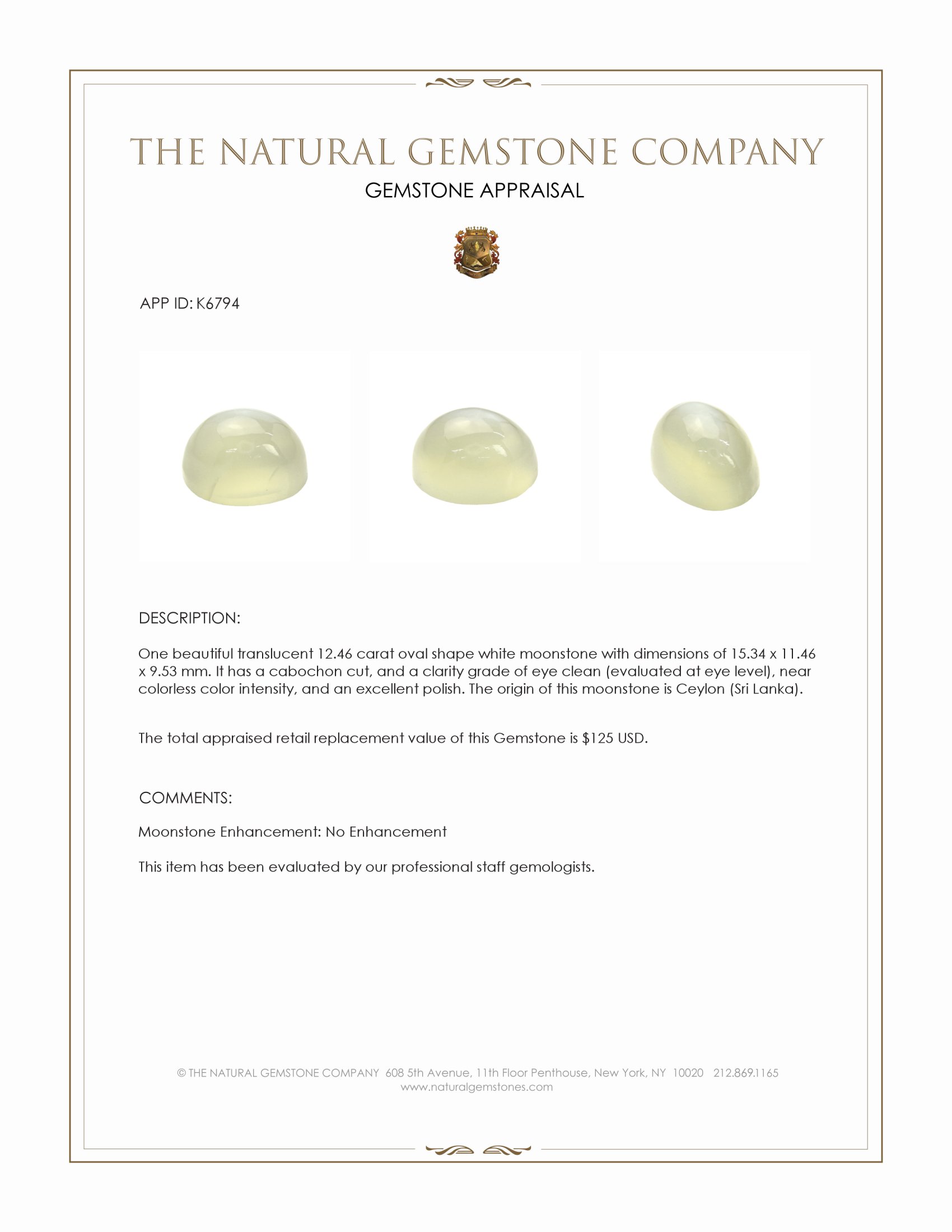 12.46 Ct. White Cabochon Moonstone from Ceylon (Sri Lanka)