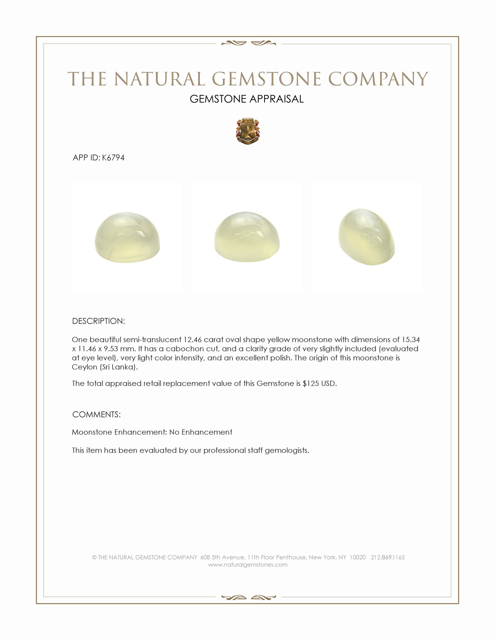 12.46 Ct. Cabochon Moonstone from Ceylon (Sri Lanka)