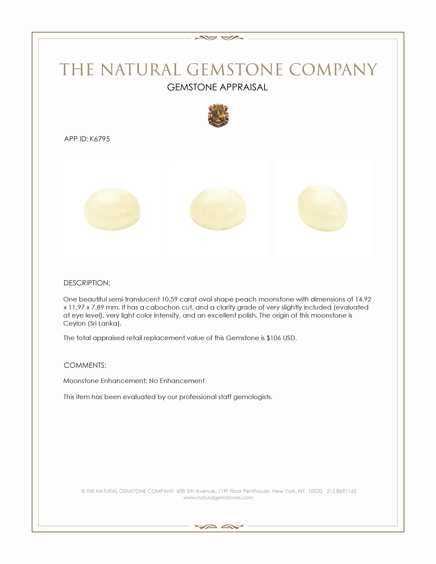 10.59 Ct. Cabochon Moonstone from Ceylon (Sri Lanka)