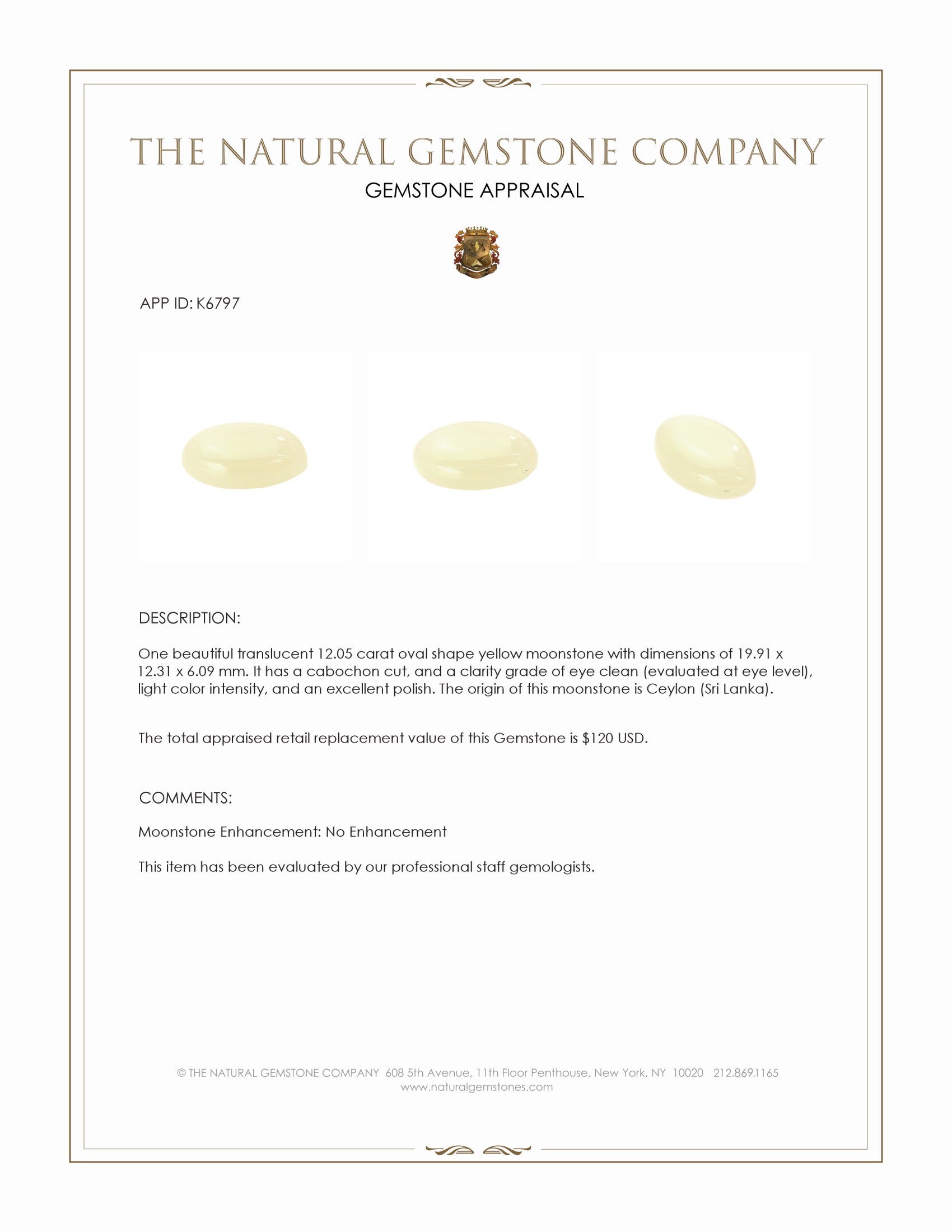 12.05 Ct. Yellow Cabochon Moonstone from Ceylon (Sri Lanka)