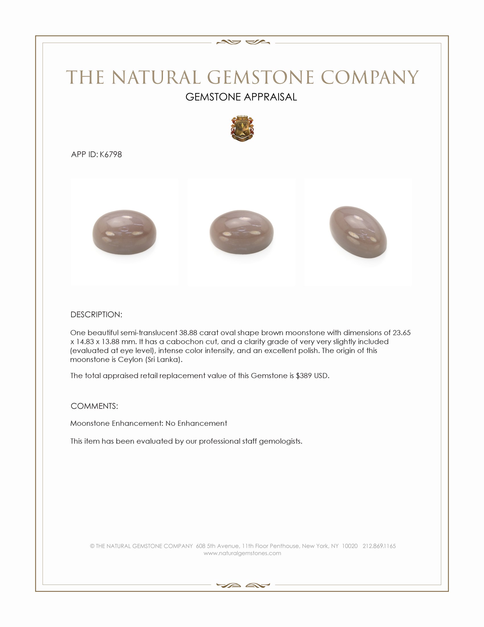 38.88 Ct. Cabochon Moonstone from Ceylon (Sri Lanka)