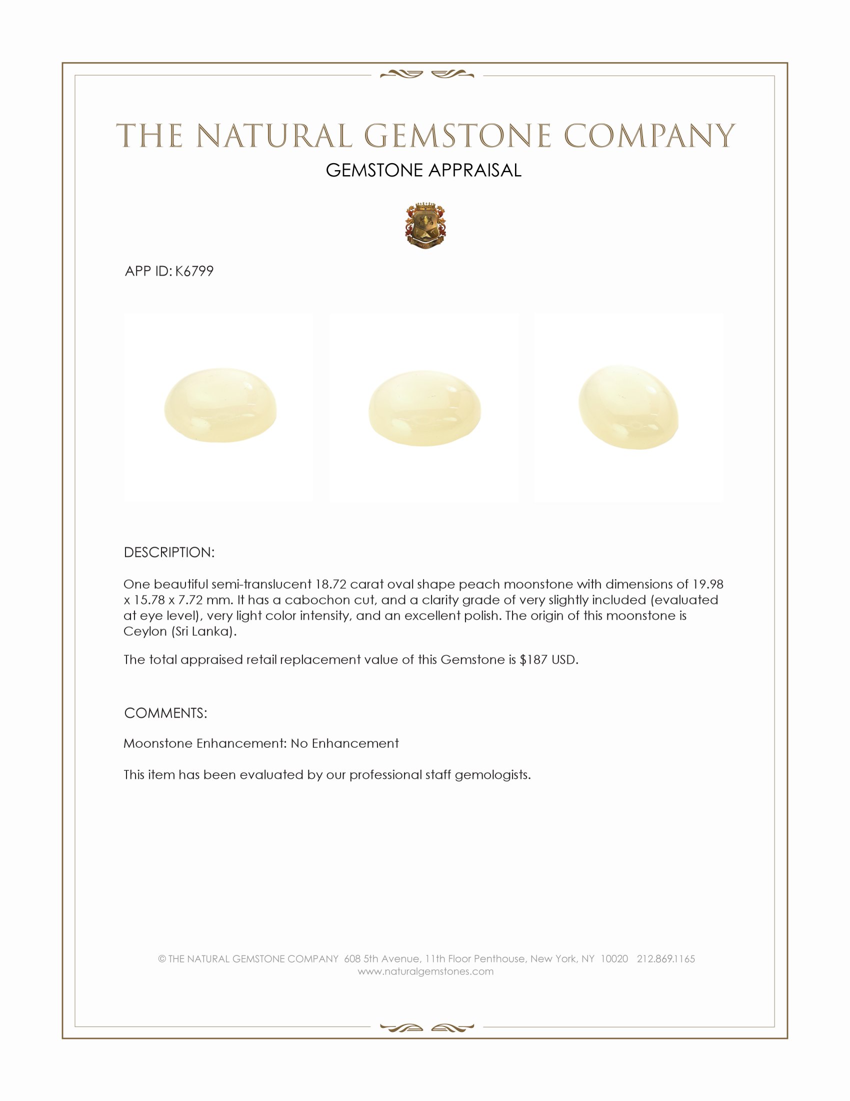 18.72 Ct. Cabochon Moonstone from Ceylon (Sri Lanka)