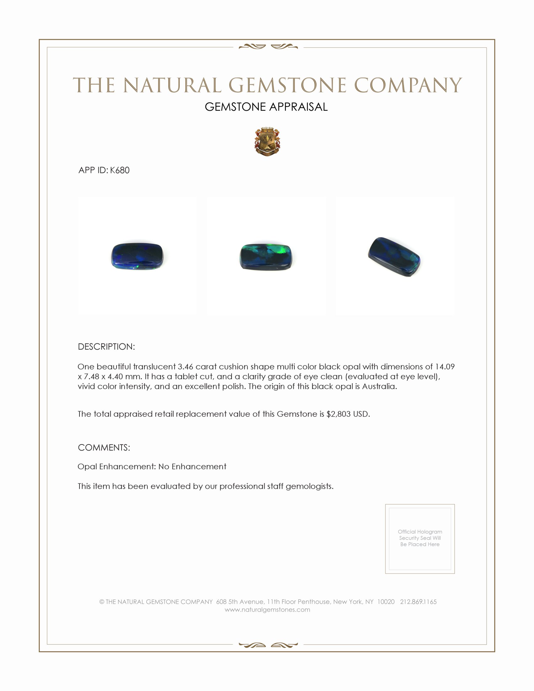 3.46 Ct. Black Opal from Australia