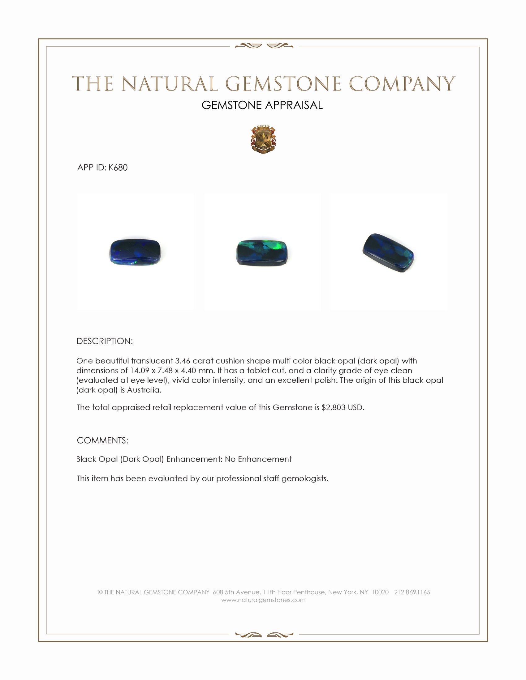 3.46 Ct. Multi Color Black Opal (Dark Opal) from Australia