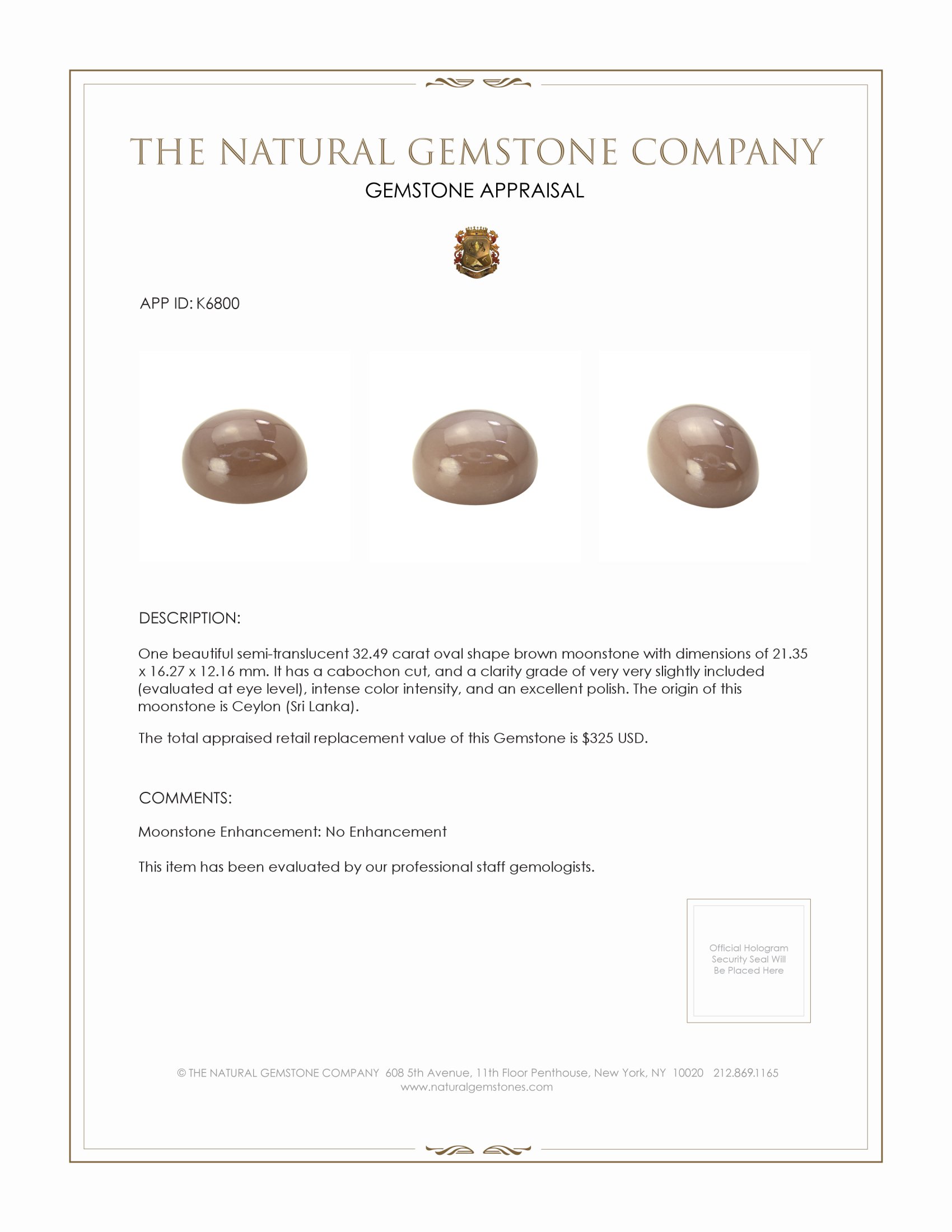 32.49 Ct. Cabochon Moonstone from Ceylon (Sri Lanka)