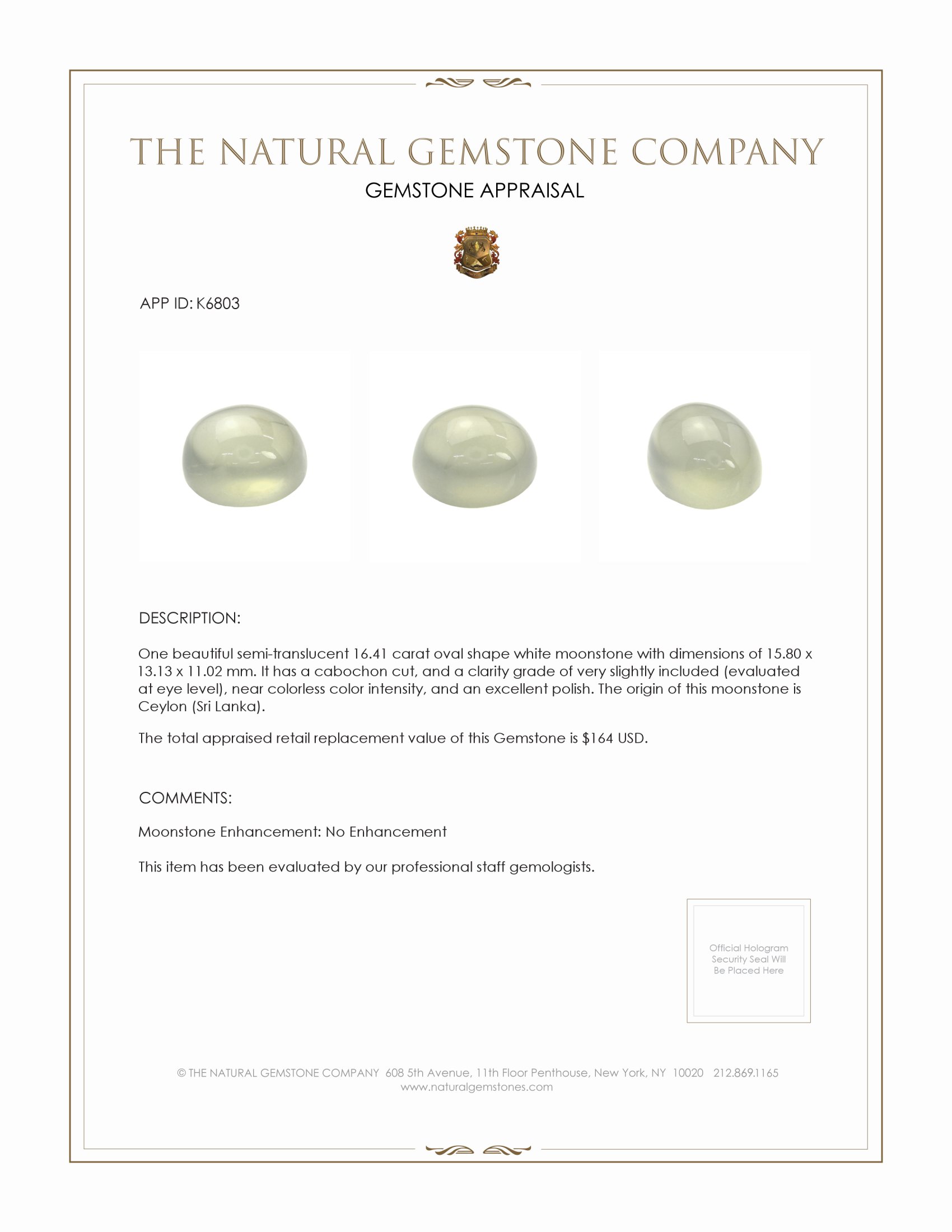 16.41 Ct. Grey Cabochon Moonstone from Ceylon (Sri Lanka)