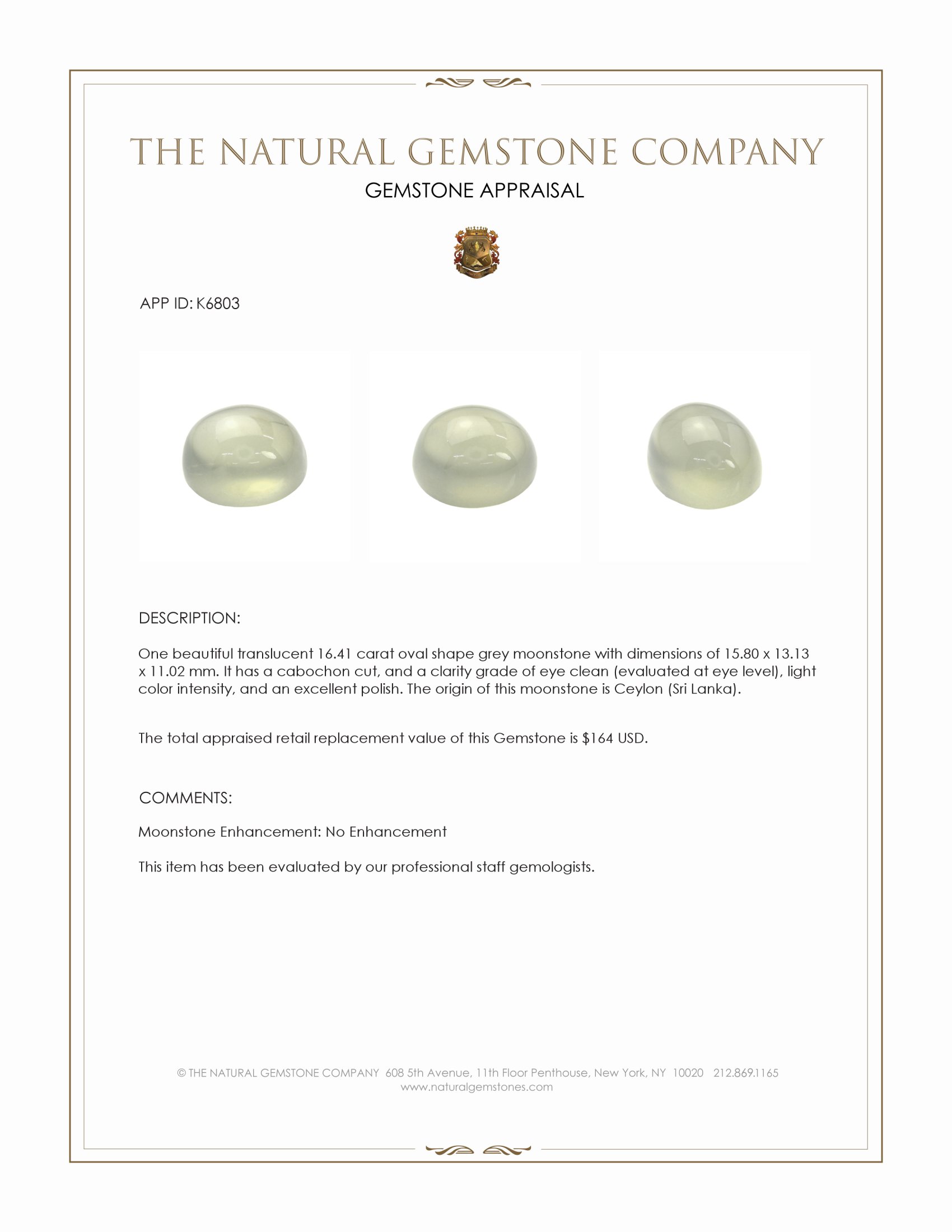 16.41 Ct. Cabochon Moonstone from Ceylon (Sri Lanka)