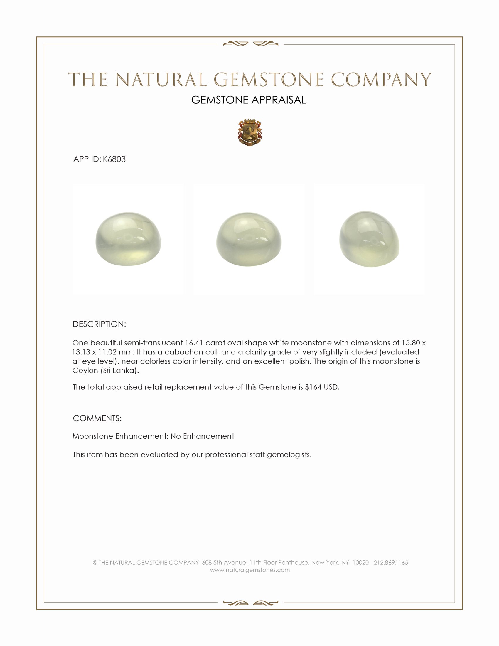 16.41 Ct. Cabochon Moonstone from Ceylon (Sri Lanka)