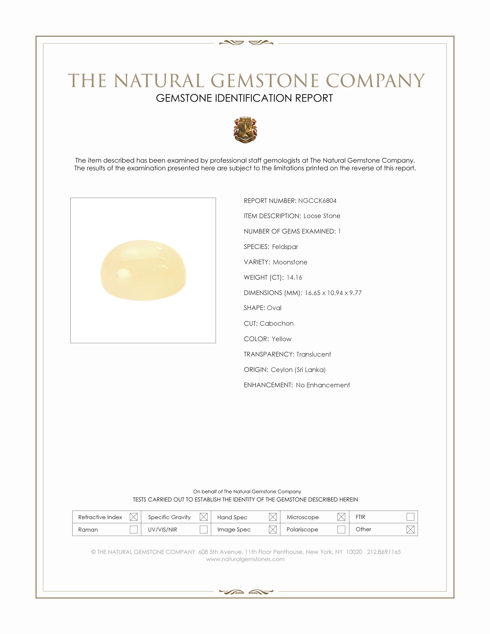 14.16 Ct. Yellow Cabochon Moonstone from Ceylon (Sri Lanka)