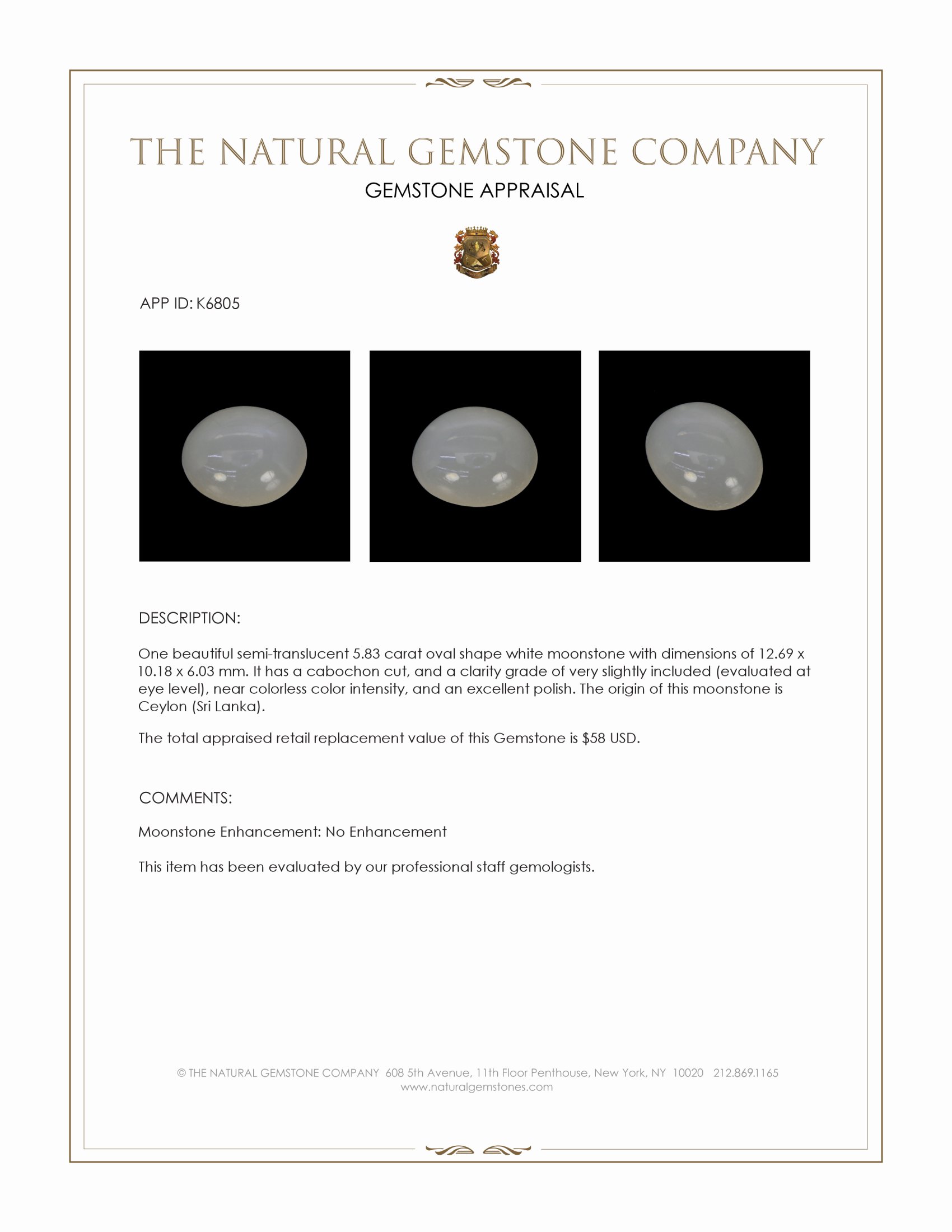 5.83 Ct. Cabochon Moonstone from Ceylon (Sri Lanka)