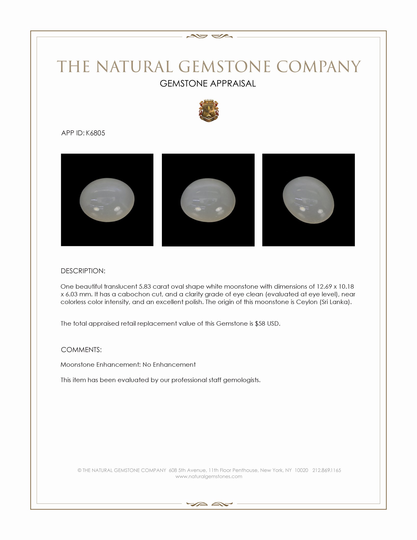 5.83 Ct. Cabochon Moonstone from Ceylon (Sri Lanka)