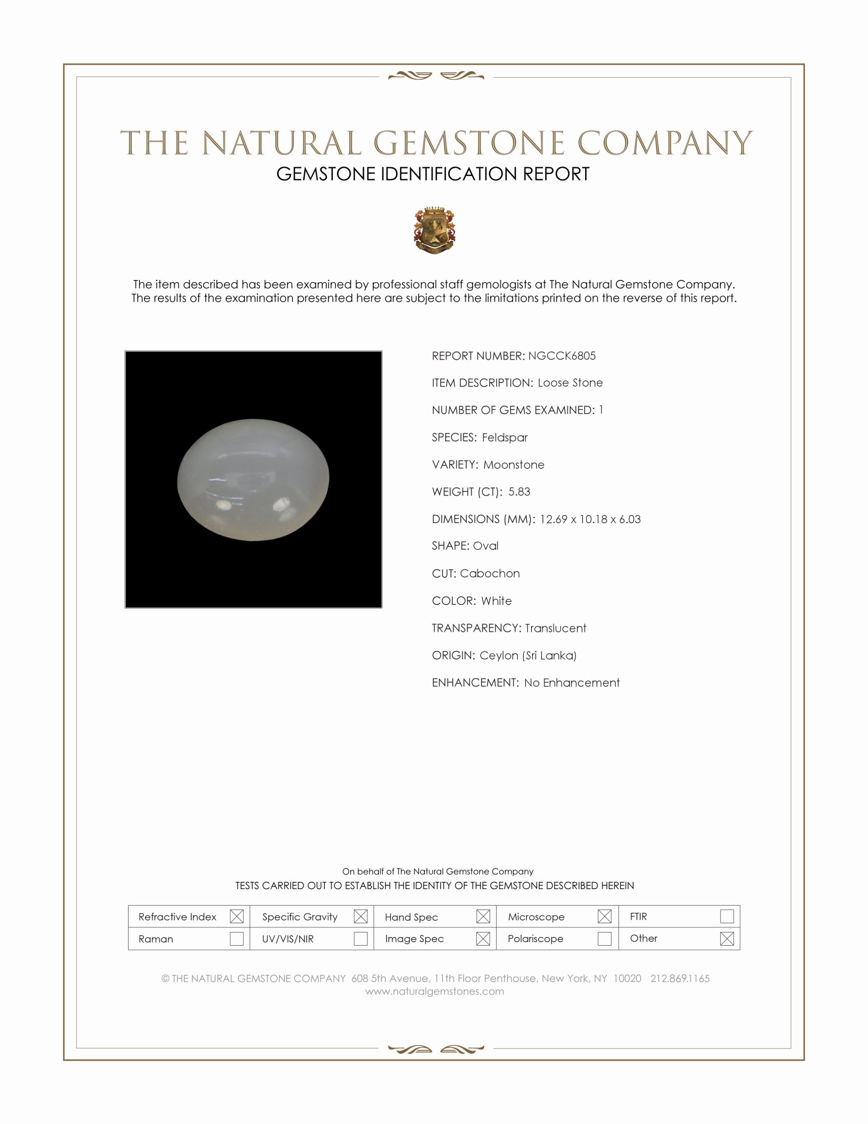 5.83 Ct. White Cabochon Moonstone from Ceylon (Sri Lanka)