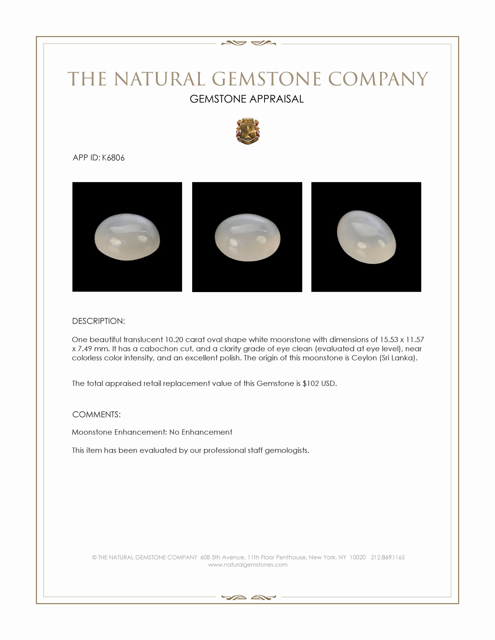 10.20 Ct. Cabochon Moonstone from Ceylon (Sri Lanka)