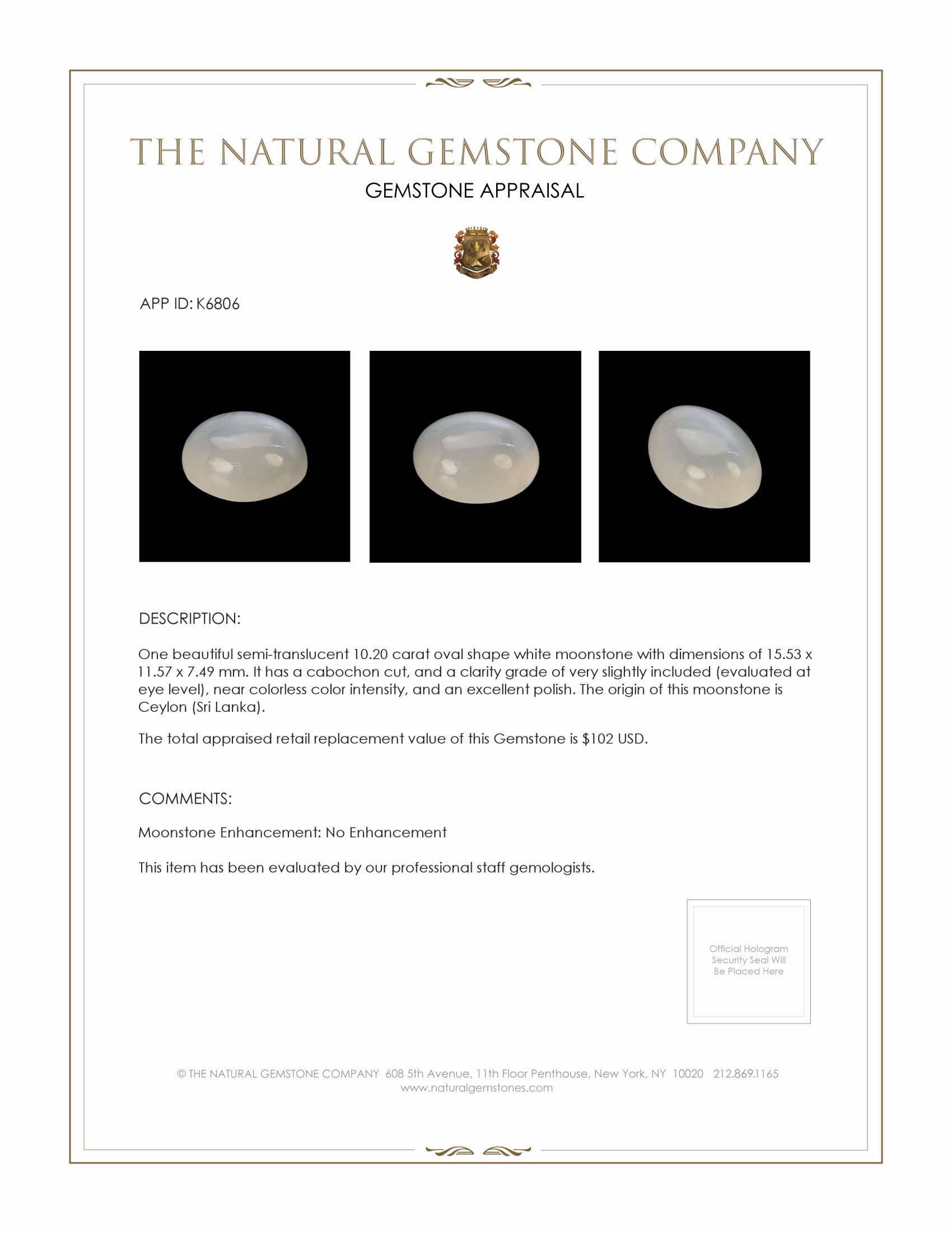 10.20 Ct. Cabochon Moonstone from Ceylon (Sri Lanka)