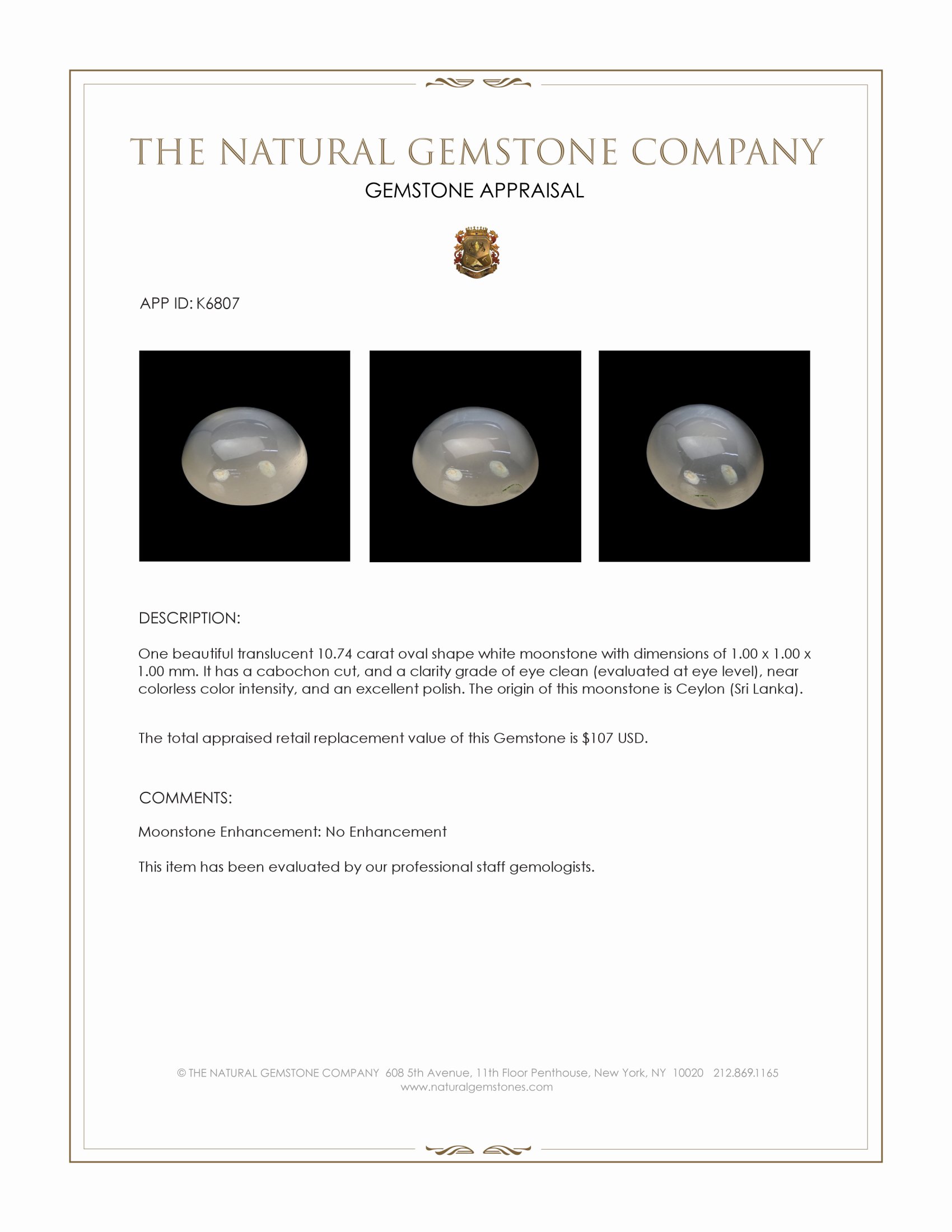 10.74 Ct. Cabochon Moonstone from Ceylon (Sri Lanka)