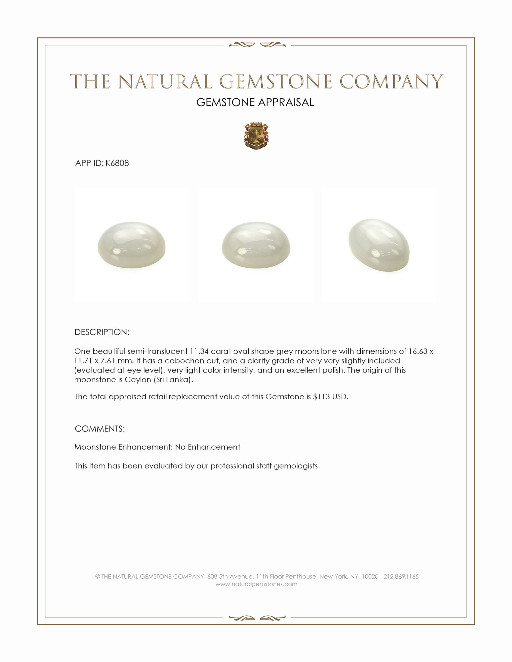 11.34 Ct. Cabochon Moonstone from Ceylon (Sri Lanka)