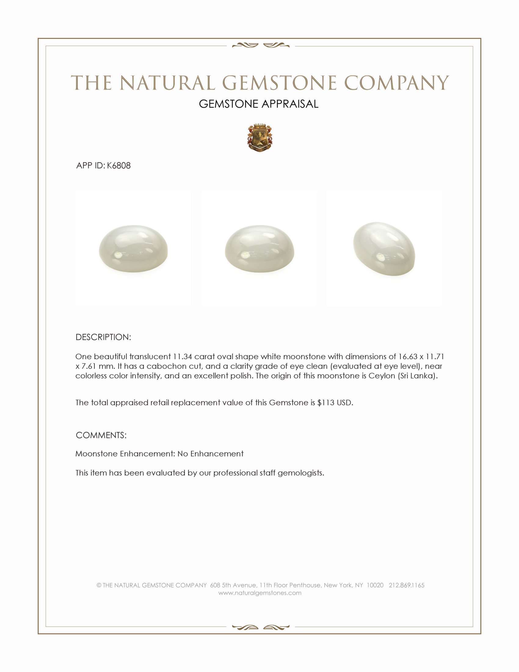 11.34 Ct. Cabochon Moonstone from Ceylon (Sri Lanka)