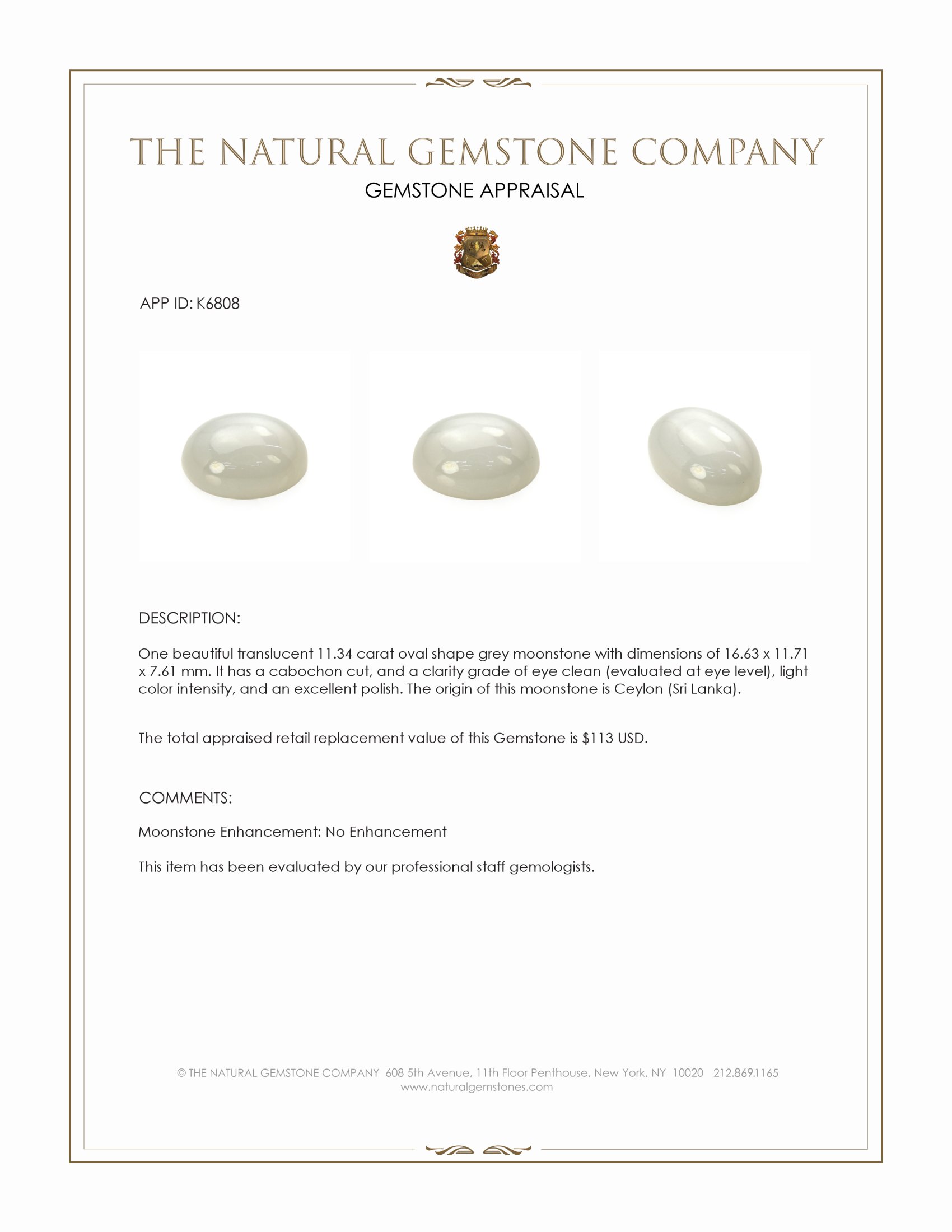 11.34 Ct. Cabochon Moonstone from Ceylon (Sri Lanka)