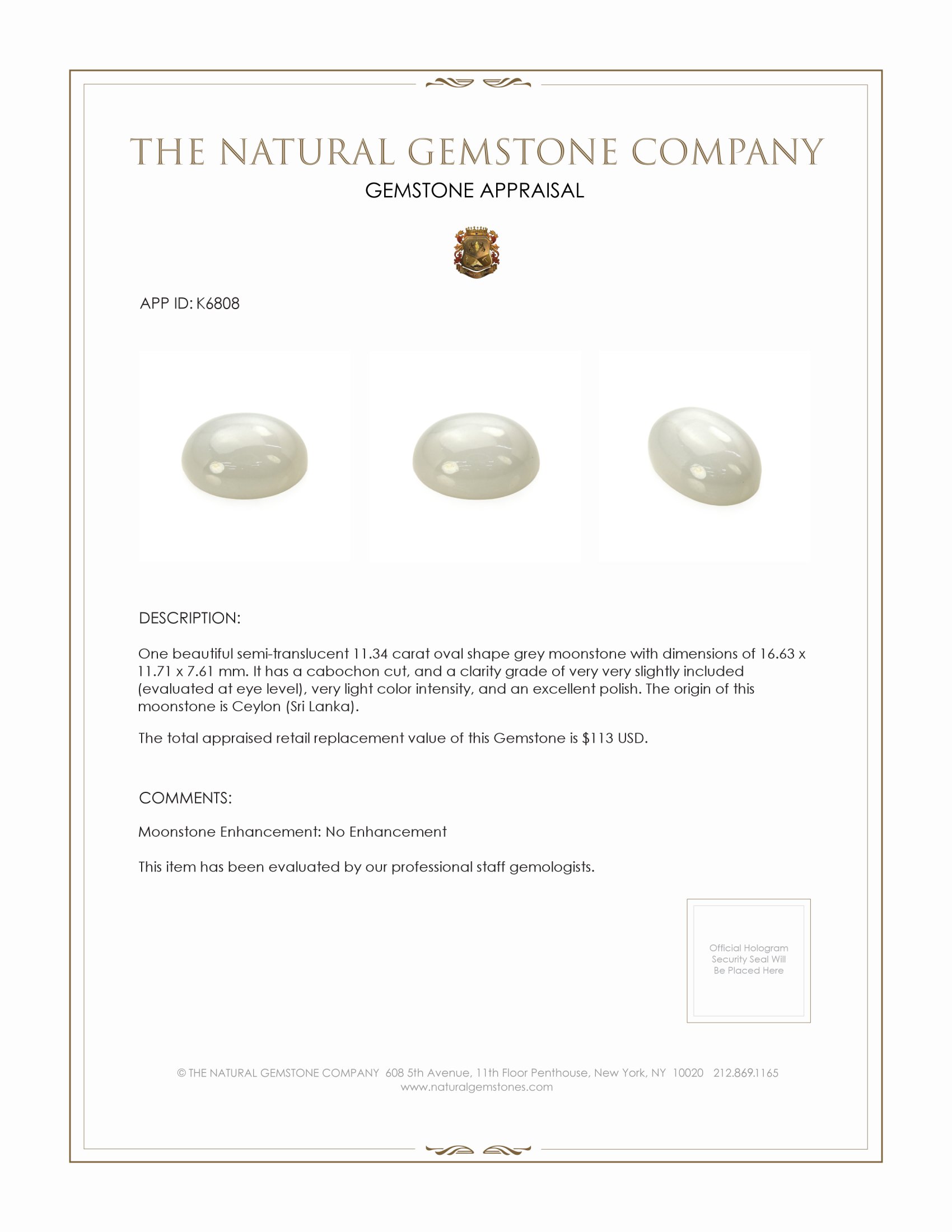11.34 Ct. Cabochon Moonstone from Ceylon (Sri Lanka)