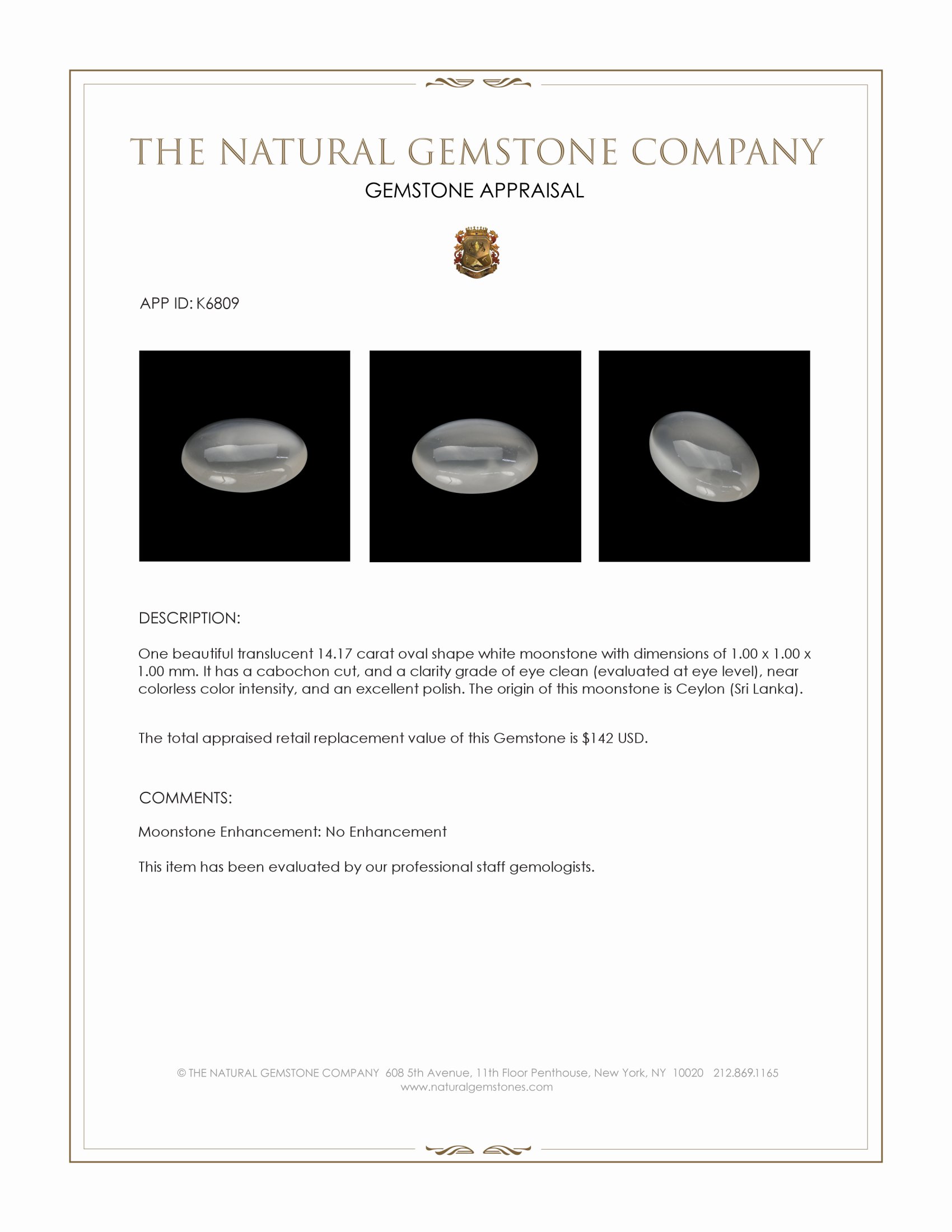 14.17 Ct. Cabochon Moonstone from Ceylon (Sri Lanka)