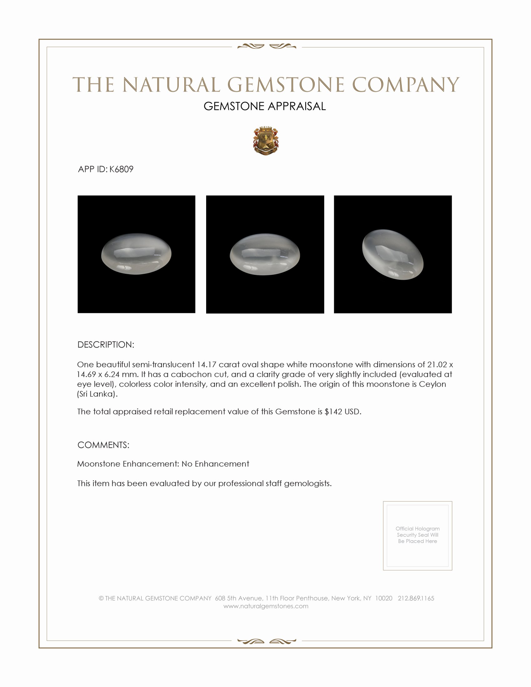 14.17 Ct. Cabochon Moonstone from Ceylon (Sri Lanka)