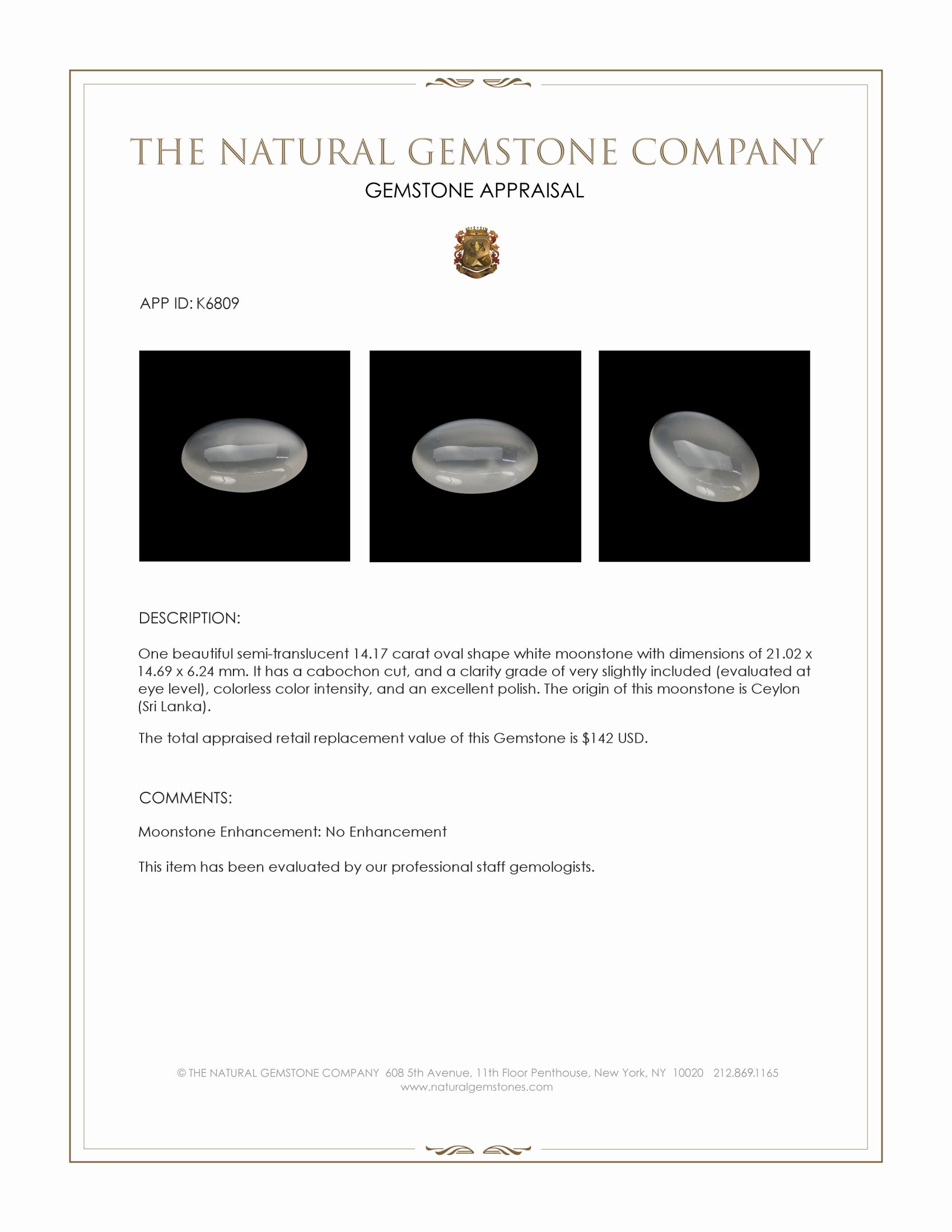 14.17 Ct. Cabochon Moonstone from Ceylon (Sri Lanka)