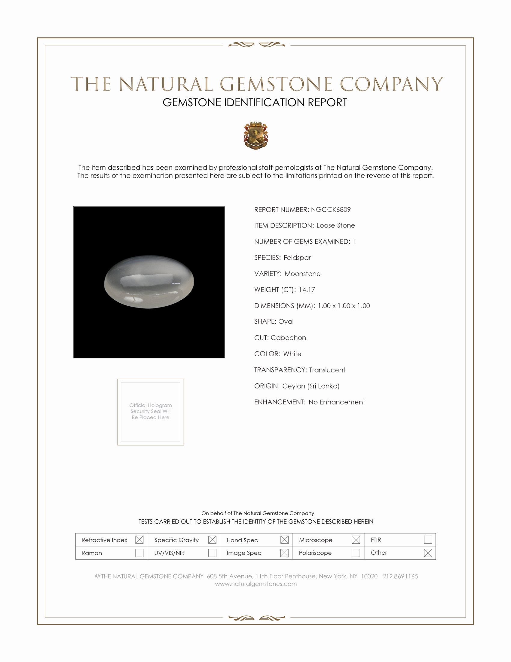 14.17 Ct. White Cabochon Moonstone from Ceylon (Sri Lanka)