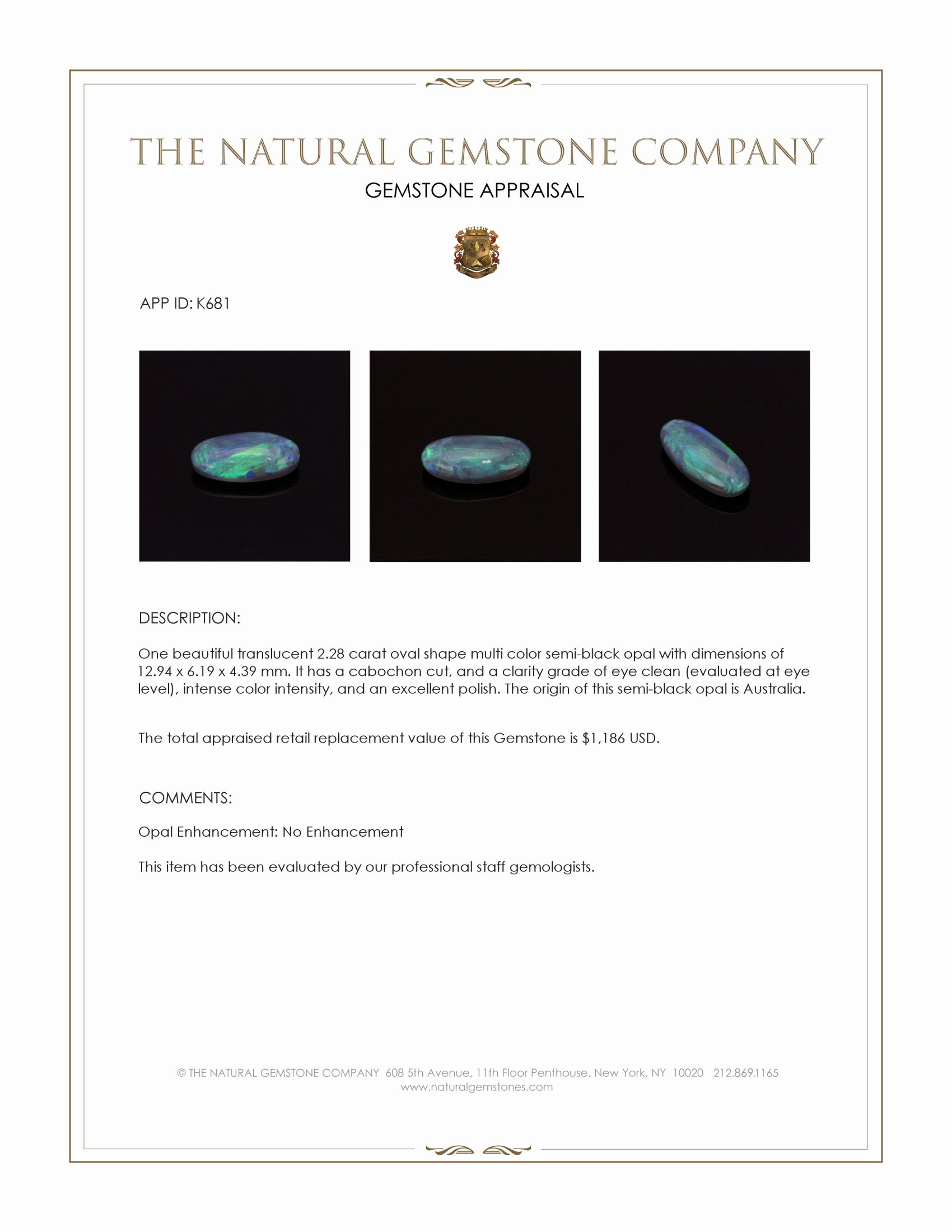 2.28 Ct. Multi Color Cabochon Semi-Black Opal from Australia