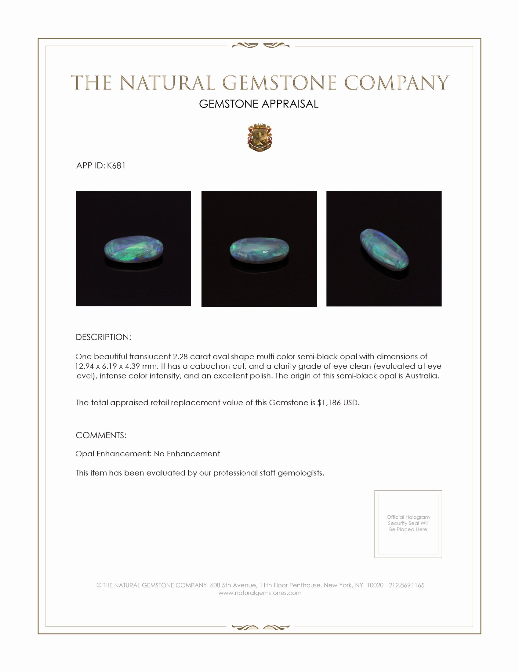 2.28 Ct. Cabochon Semi-Black Opal from Australia