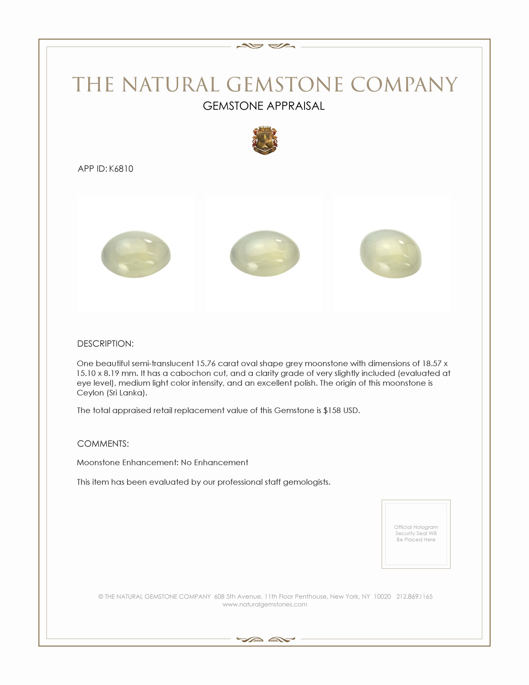 15.76 Ct. Cabochon Moonstone from Ceylon (Sri Lanka)