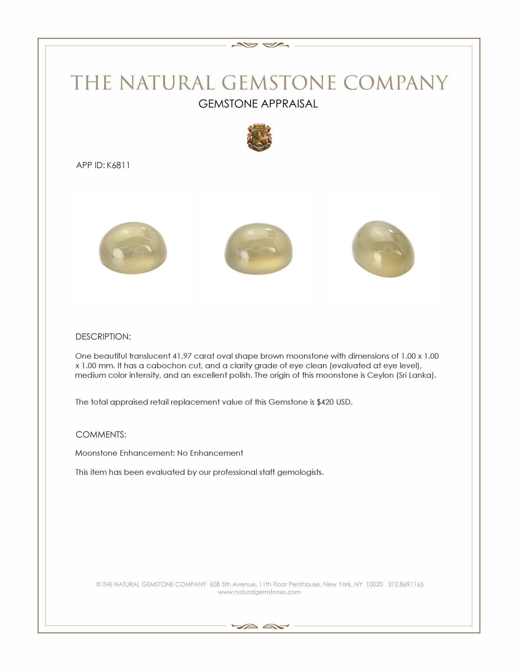 41.97 Ct. Cabochon Moonstone from Ceylon (Sri Lanka)