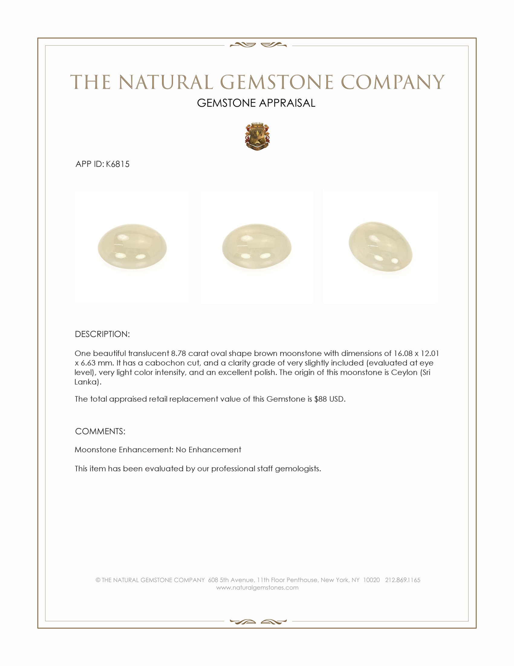 8.78 Ct. White Cabochon Moonstone from Ceylon (Sri Lanka)