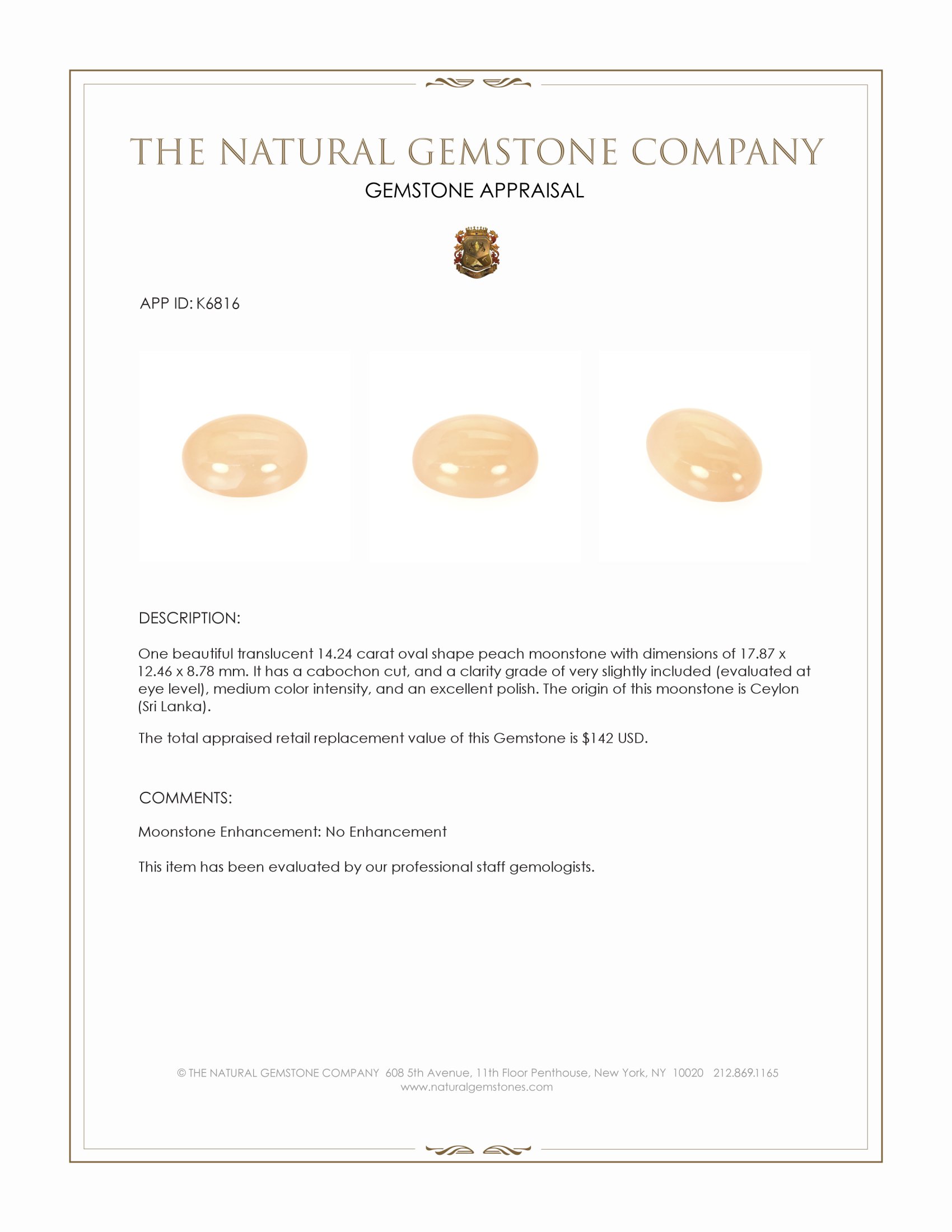 14.24 Ct. Cabochon Moonstone from Ceylon (Sri Lanka)