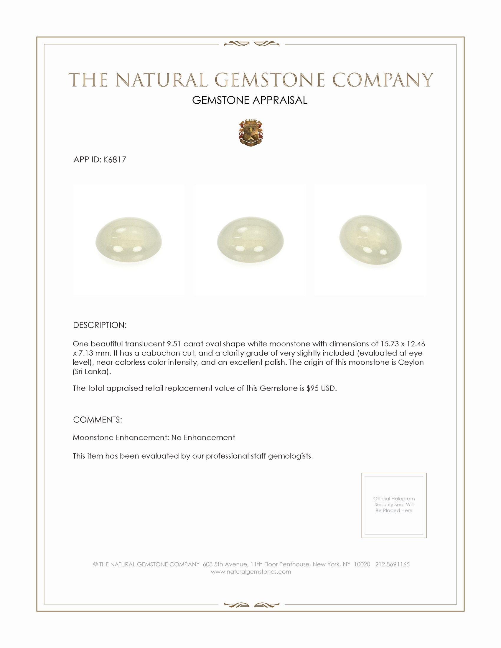 9.51 Ct. Grey Cabochon Moonstone from Ceylon (Sri Lanka)