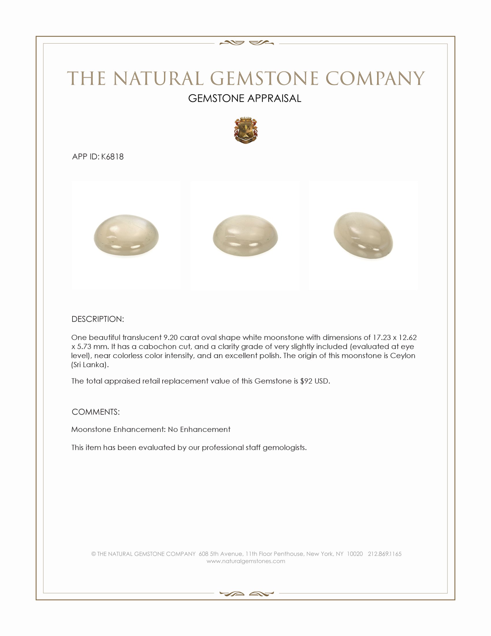 9.20 Ct. Cabochon Moonstone from Ceylon (Sri Lanka)