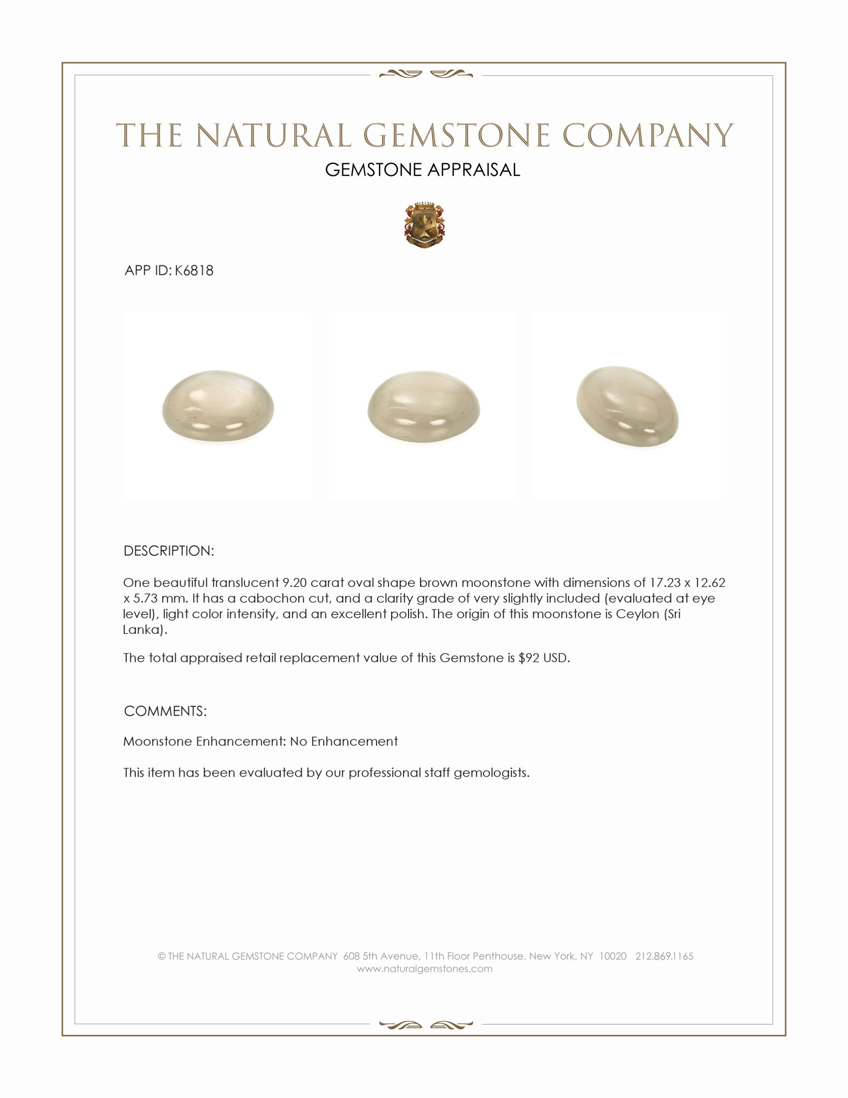 9.20 Ct. Cabochon Moonstone from Ceylon (Sri Lanka)