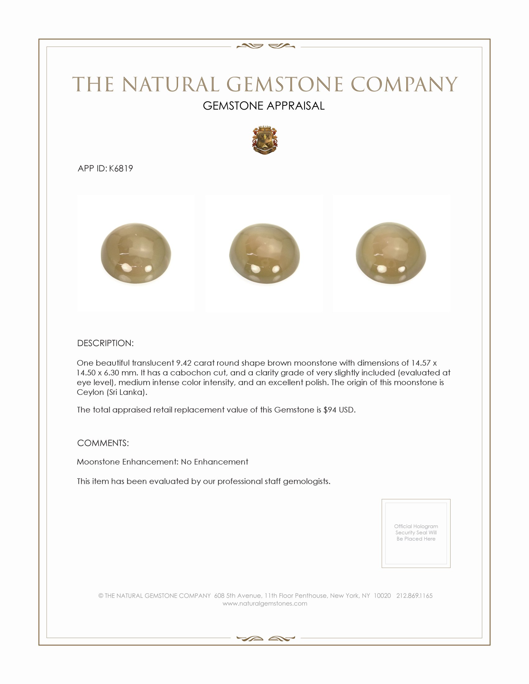 9.42 Ct. Brown Cabochon Moonstone from Ceylon (Sri Lanka)