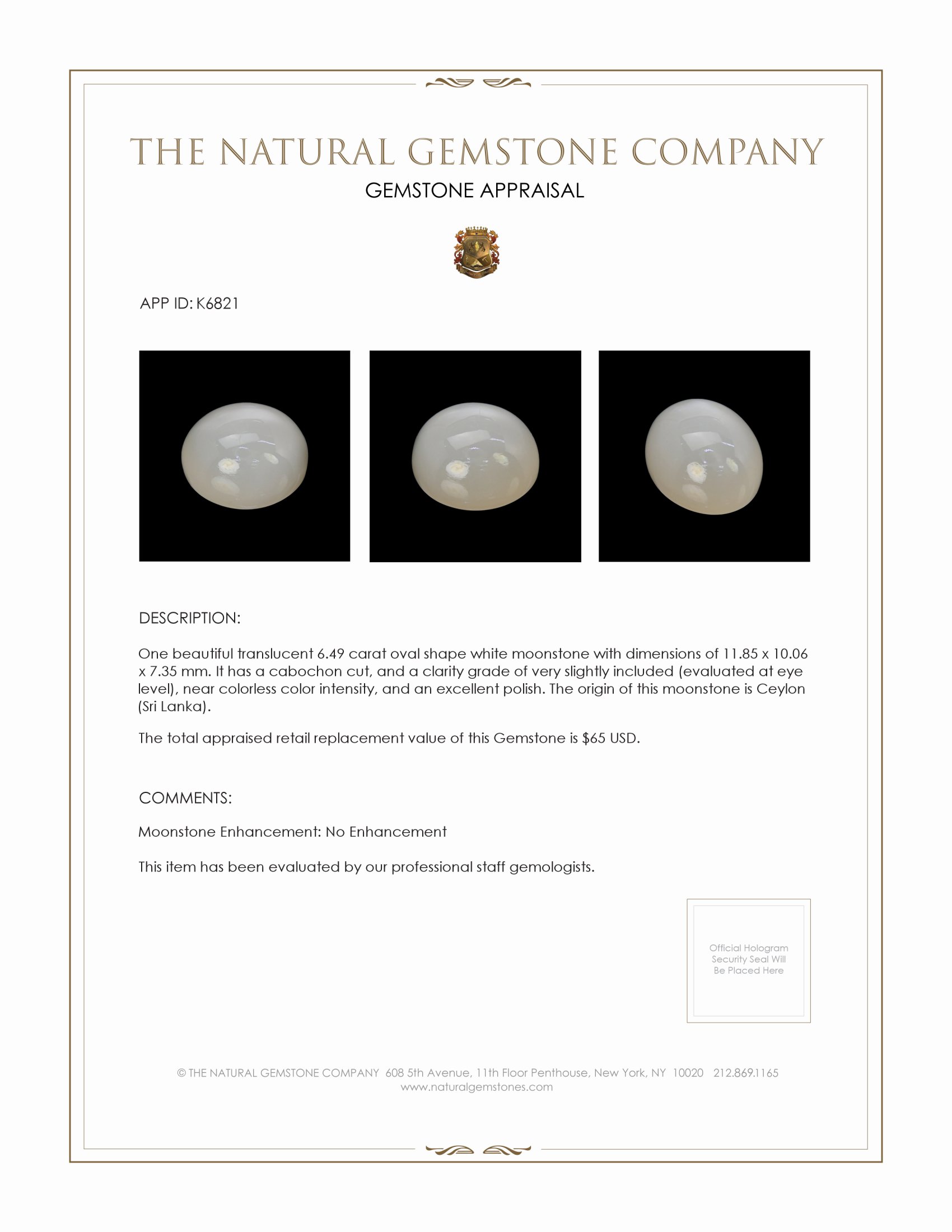 6.49 Ct. White Cabochon Moonstone from Ceylon (Sri Lanka)