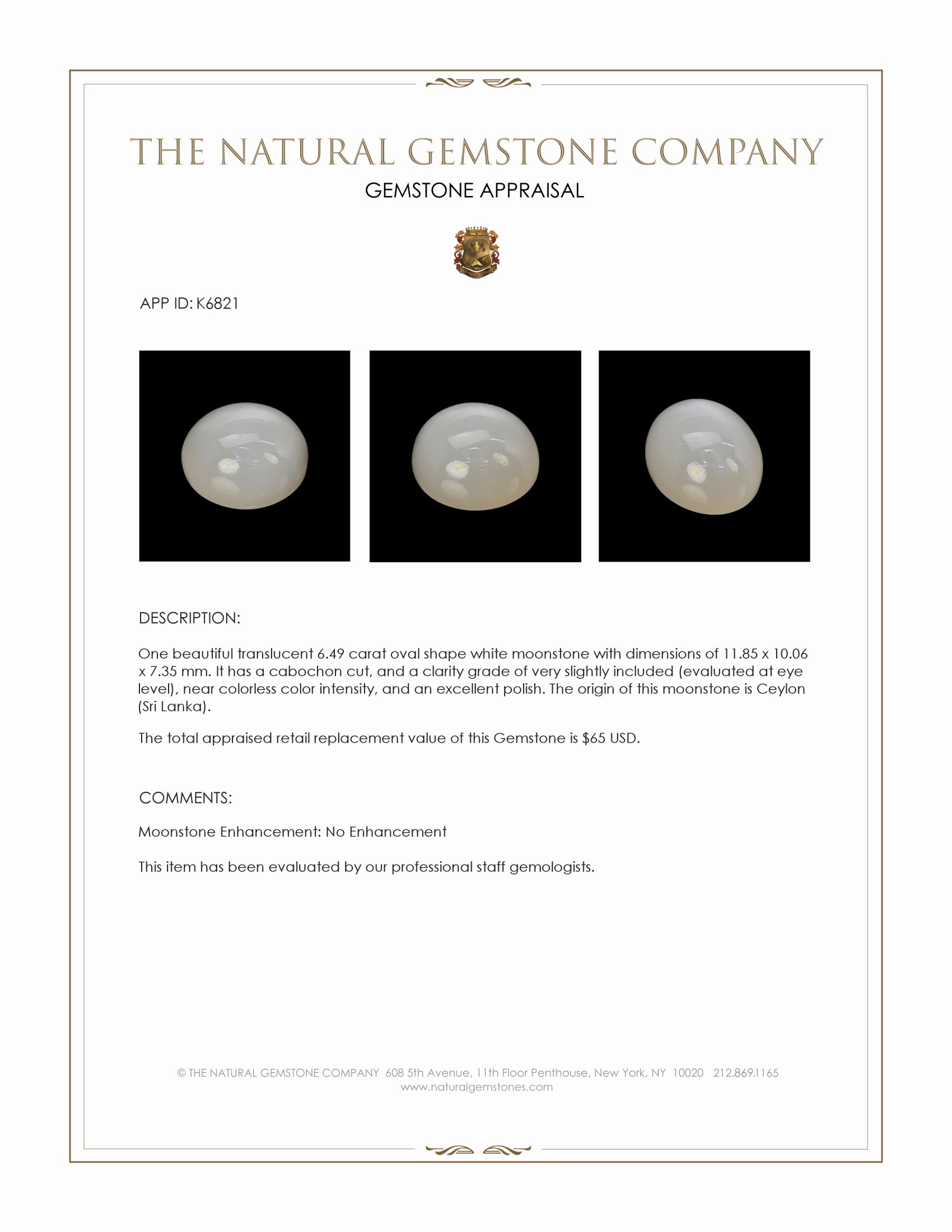 6.49 Ct. Cabochon Moonstone from Ceylon (Sri Lanka)