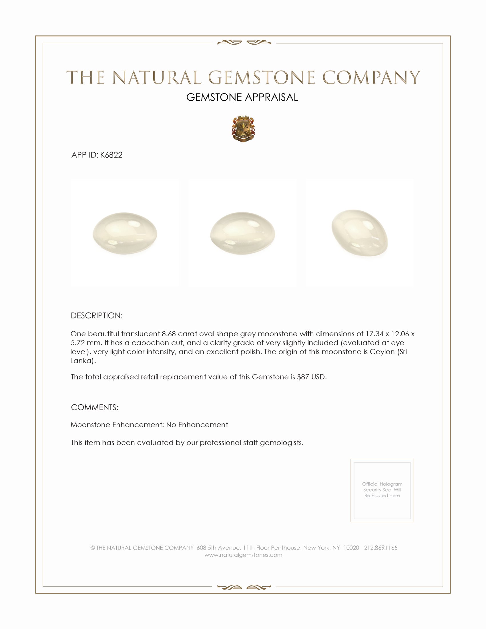 8.68 Ct. Cabochon Moonstone from Ceylon (Sri Lanka)