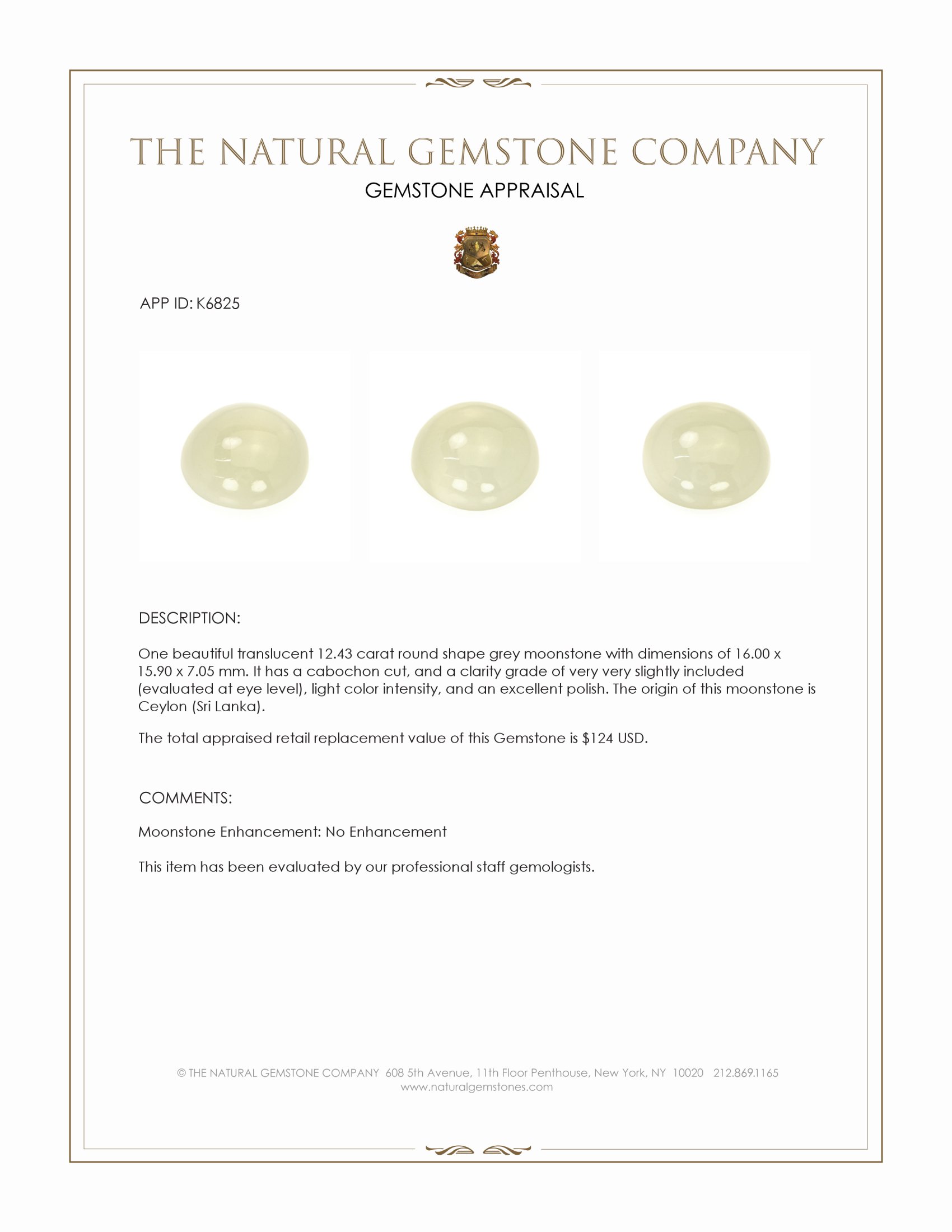 12.43 Ct. Grey Cabochon Moonstone from Ceylon (Sri Lanka)