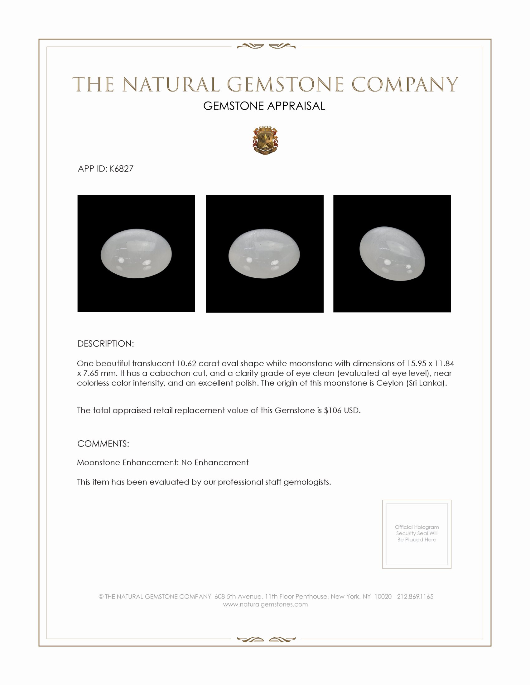 10.62 Ct. Cabochon Moonstone from Ceylon (Sri Lanka)