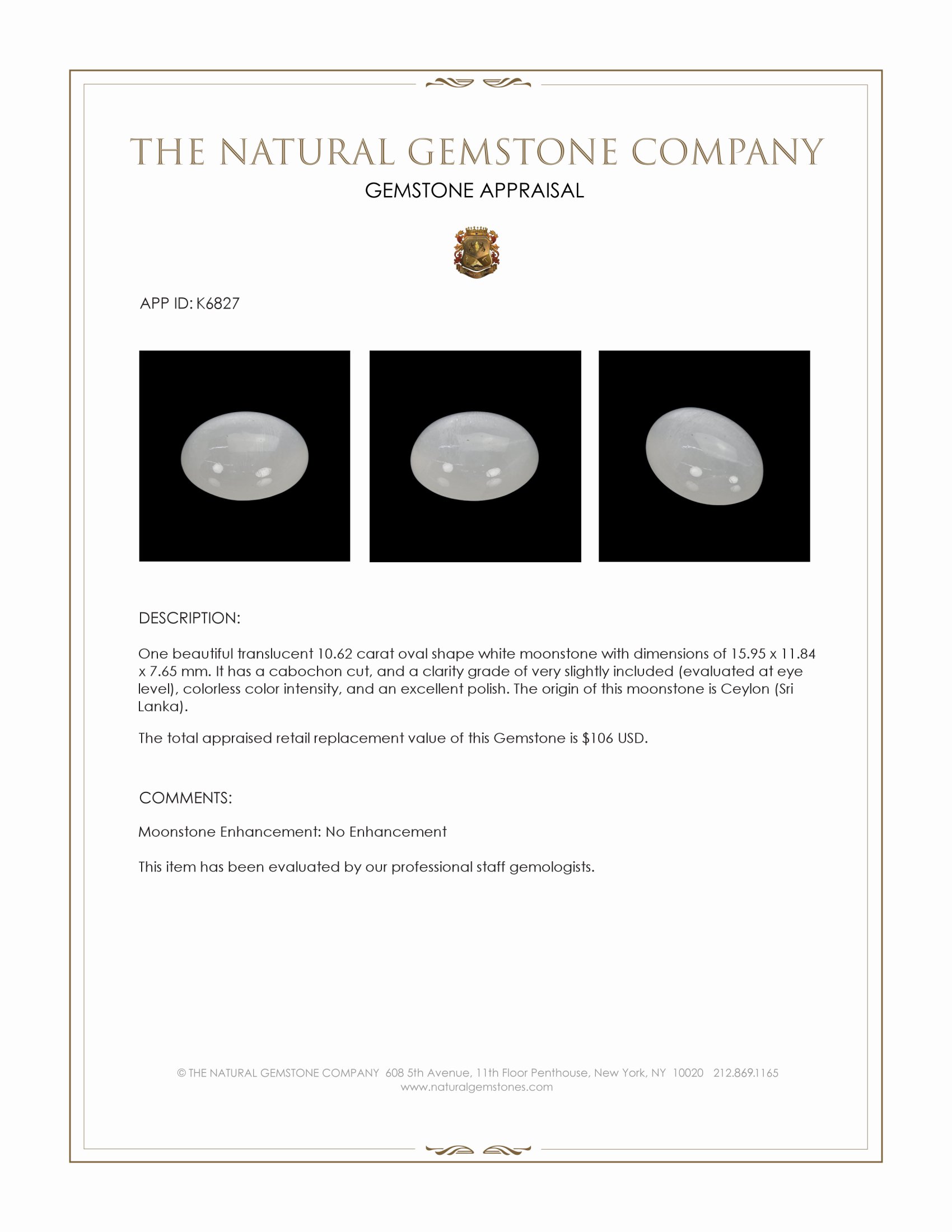 10.62 Ct. Cabochon Moonstone from Ceylon (Sri Lanka)