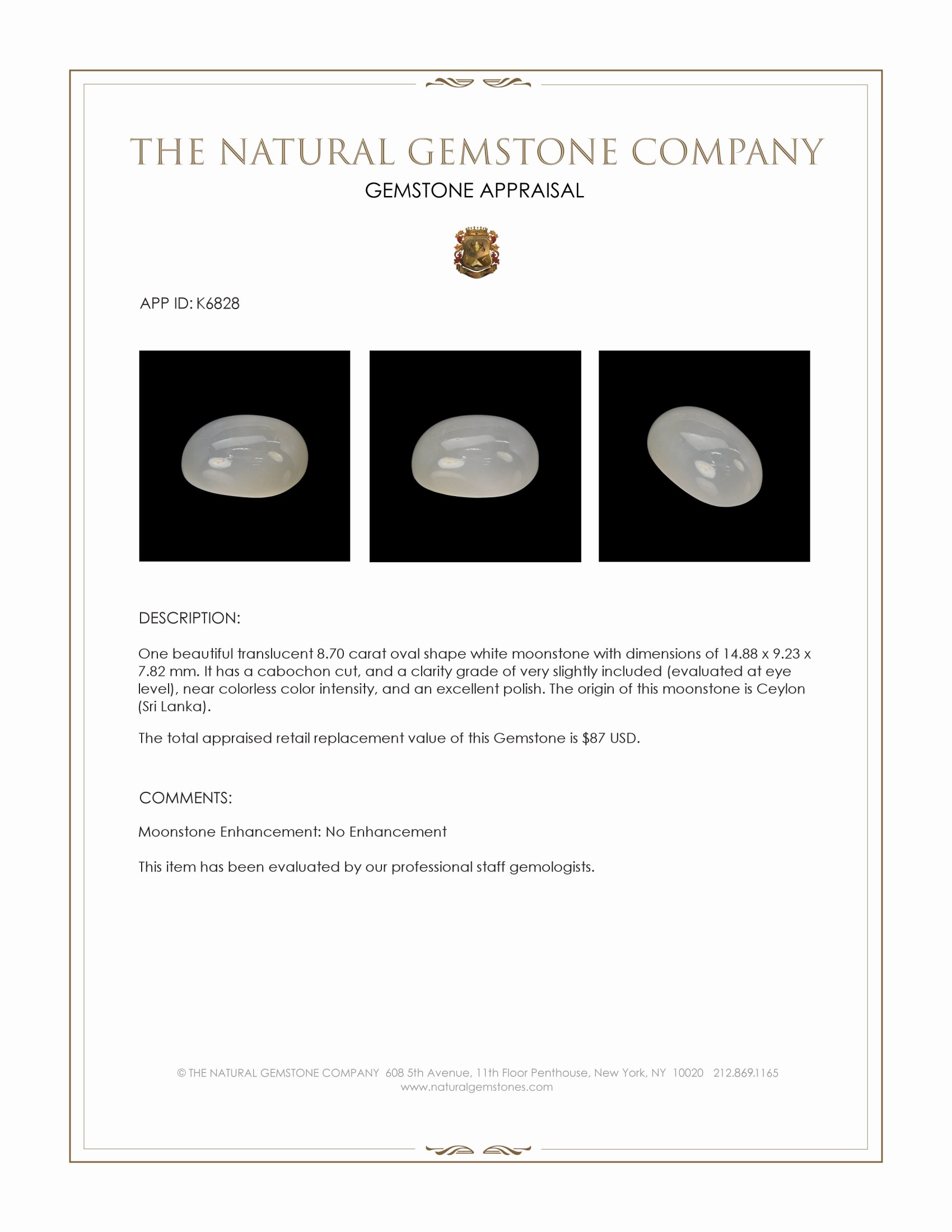 8.70 Ct. White Cabochon Moonstone from Ceylon (Sri Lanka)