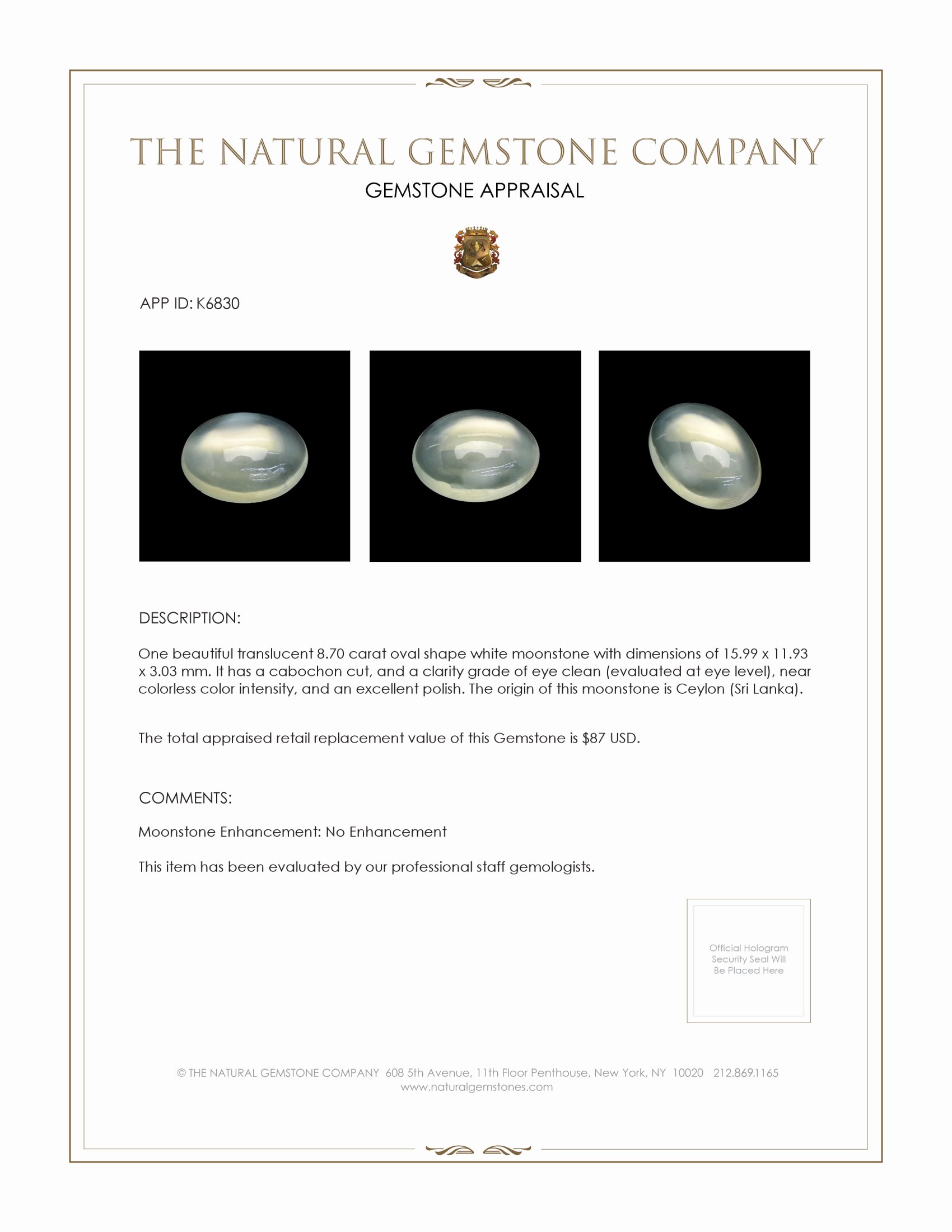 8.70 Ct. Cabochon Moonstone from Ceylon (Sri Lanka)