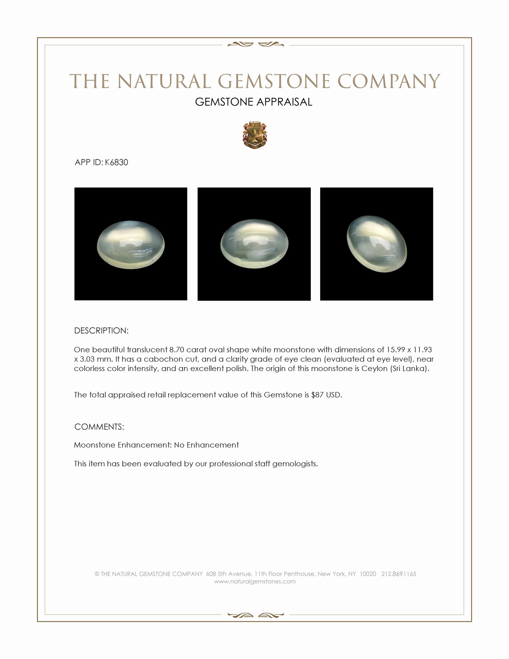 8.70 Ct. Cabochon Moonstone from Ceylon (Sri Lanka)