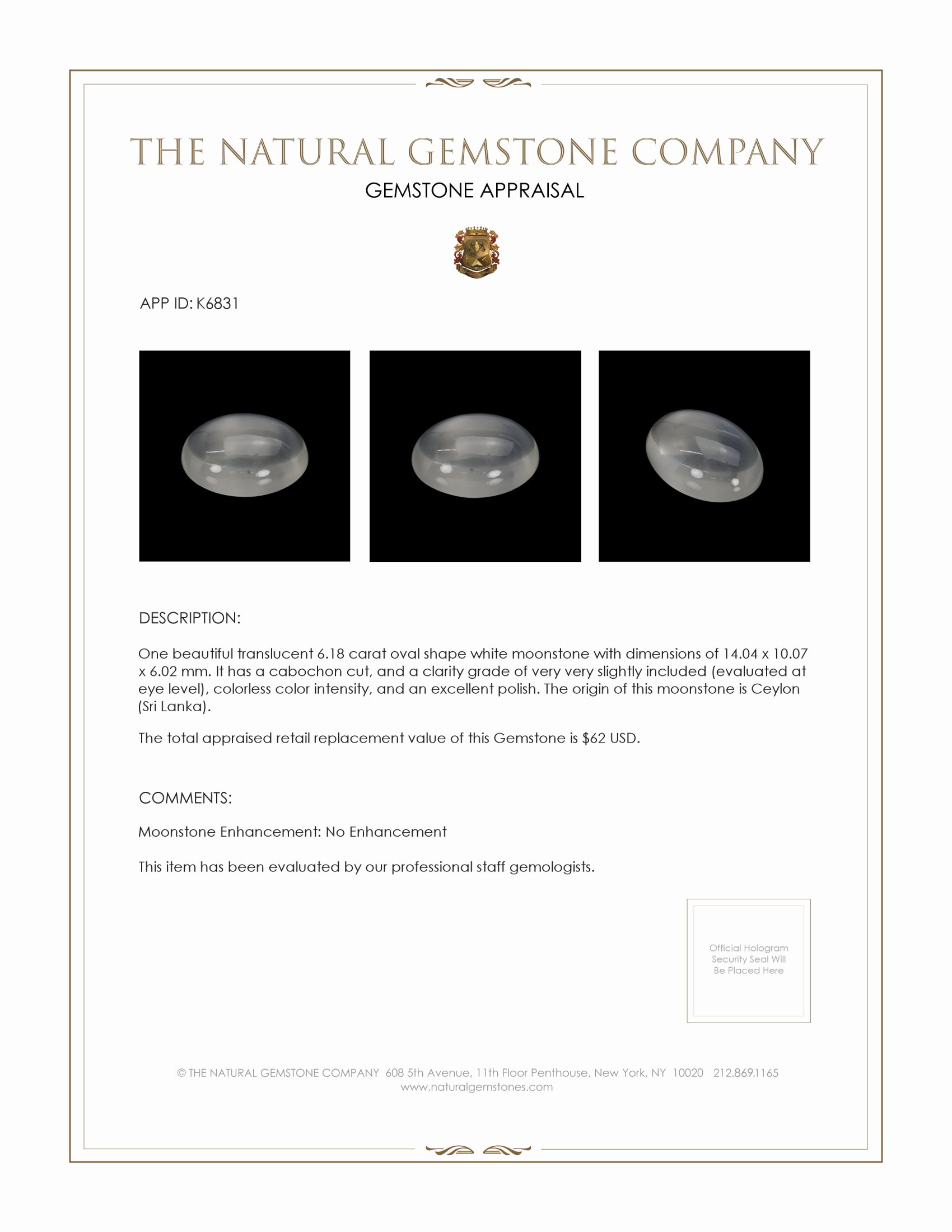 6.18 Ct. Cabochon Moonstone from Ceylon (Sri Lanka)