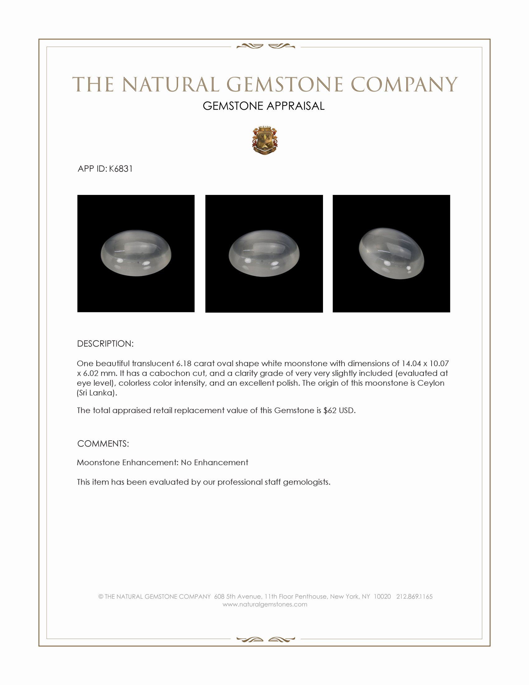 6.18 Ct. Cabochon Moonstone from Ceylon (Sri Lanka)