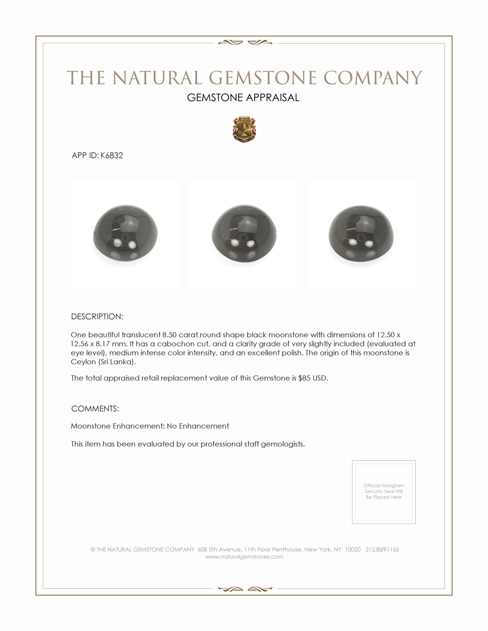 8.50 Ct. Cabochon Moonstone from Ceylon (Sri Lanka)