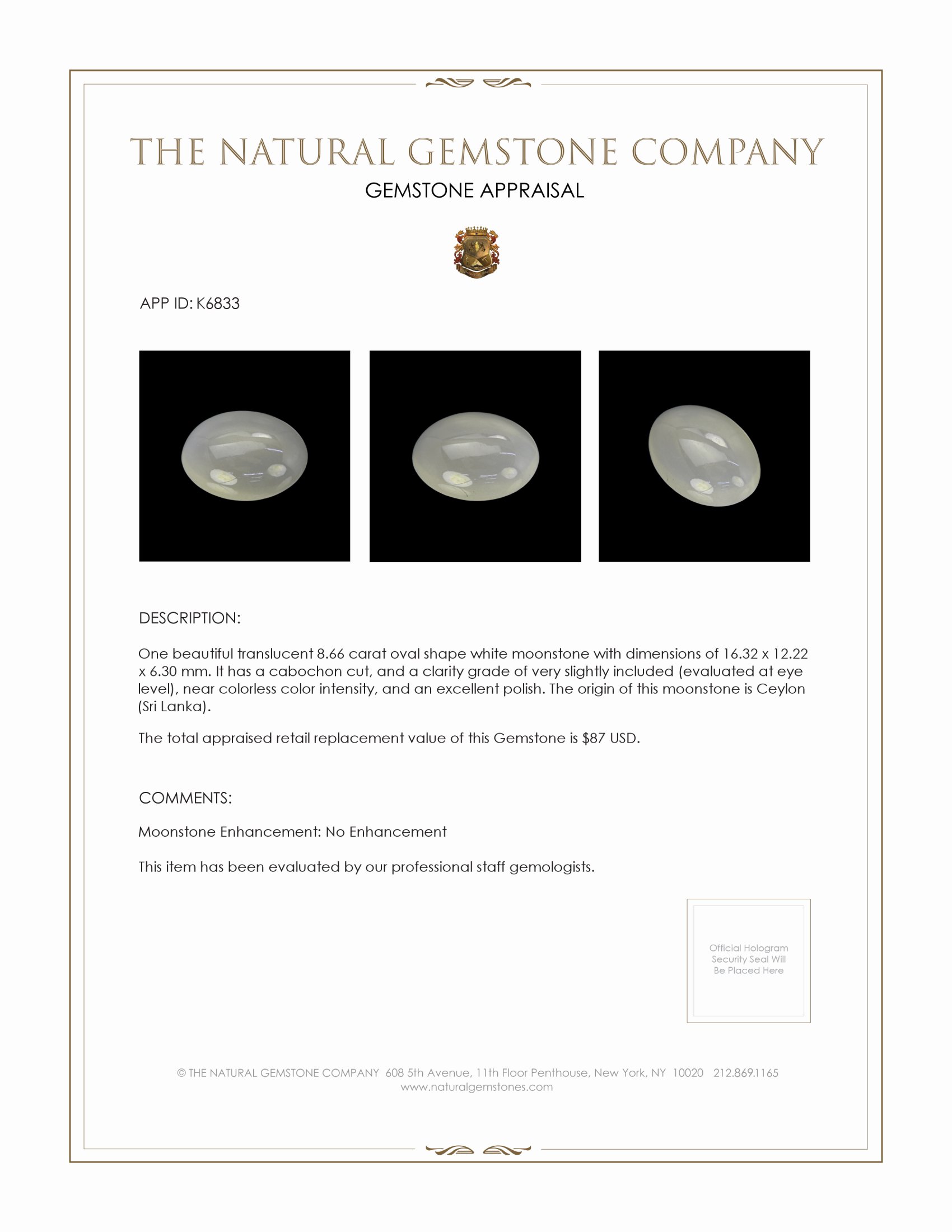 8.66 Ct. Cabochon Moonstone from Ceylon (Sri Lanka)